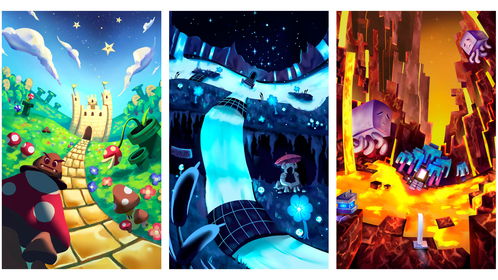 Three illustrations in a row with different environments that are connected by a portal. The illustration on the far left is a Super Mario Bros. landscape of the mushroom kingdom, with Peach’s castle in the background. The middle illustration is a landscape of Waterfall, which is a crystal water cave area in Undertale the game. The far-right illustration is from the dangerous lava area of the Nether in the game Minecraft.