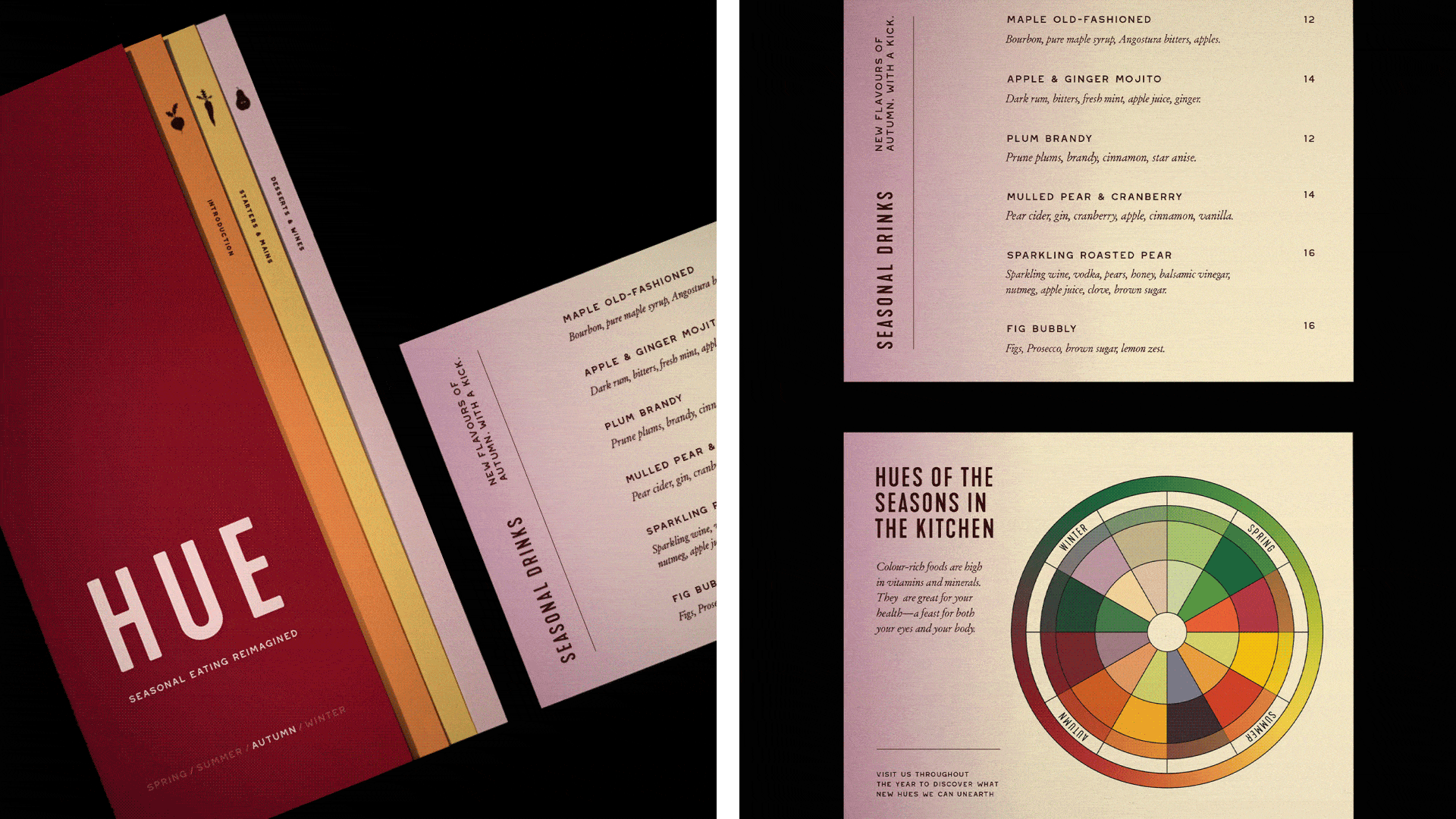 Series of images depicting a cookbook, labels, and menu on a black background.