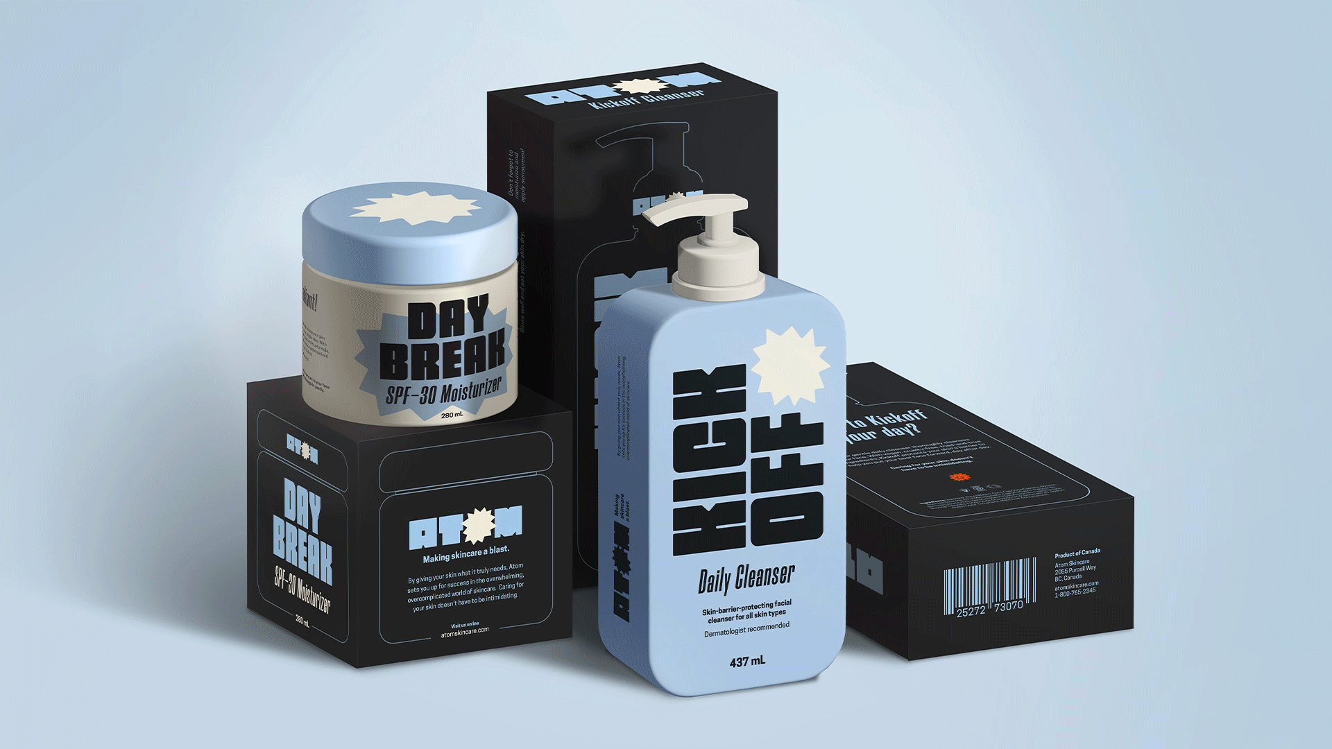 Series of images depicting packaging, labels, and mobile screens. All images are primarily blue, black, and white.