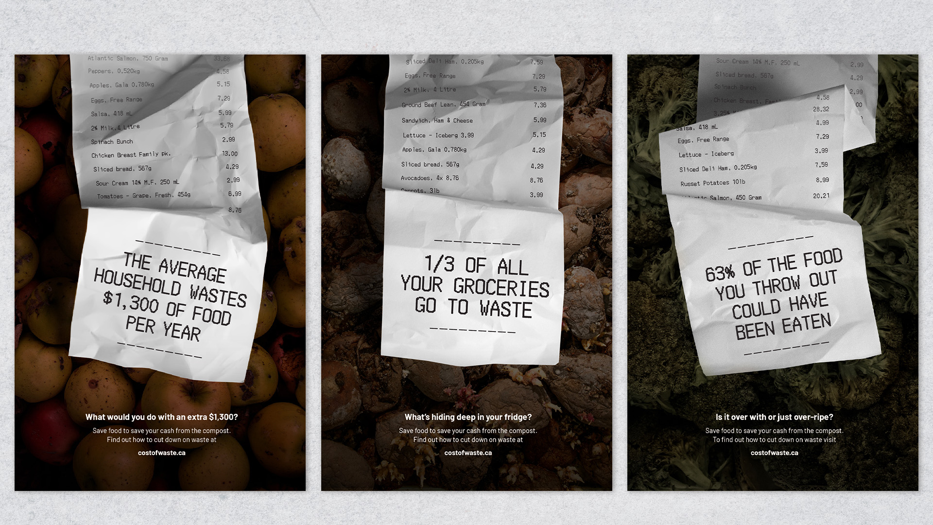 Three posters depicting receipts, each on dark backgrounds of produce images.