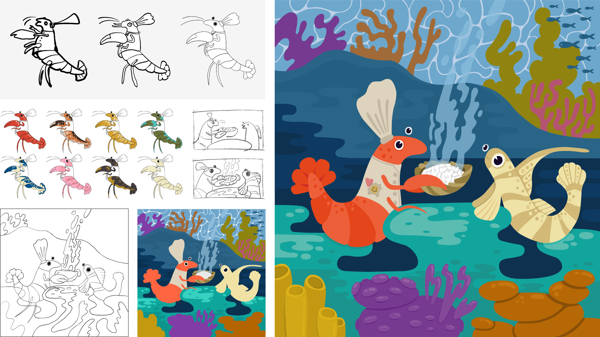 Character illustration of a shrimp serving fried rice to their goby fish friend. Eight colour variations of shrimp character and process work for the final illustration.