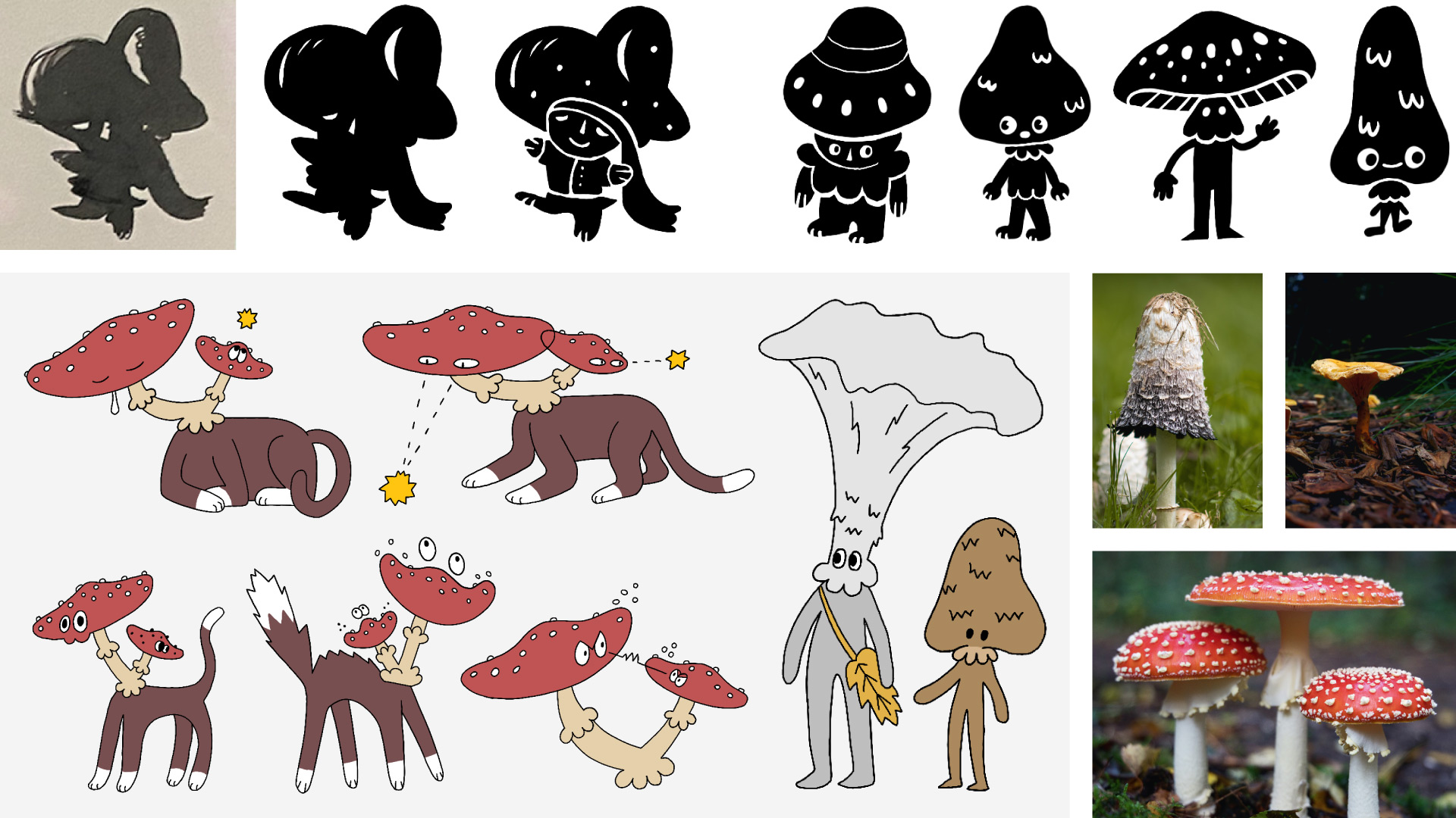 Mushroom character iterations, poses, and photographic references.