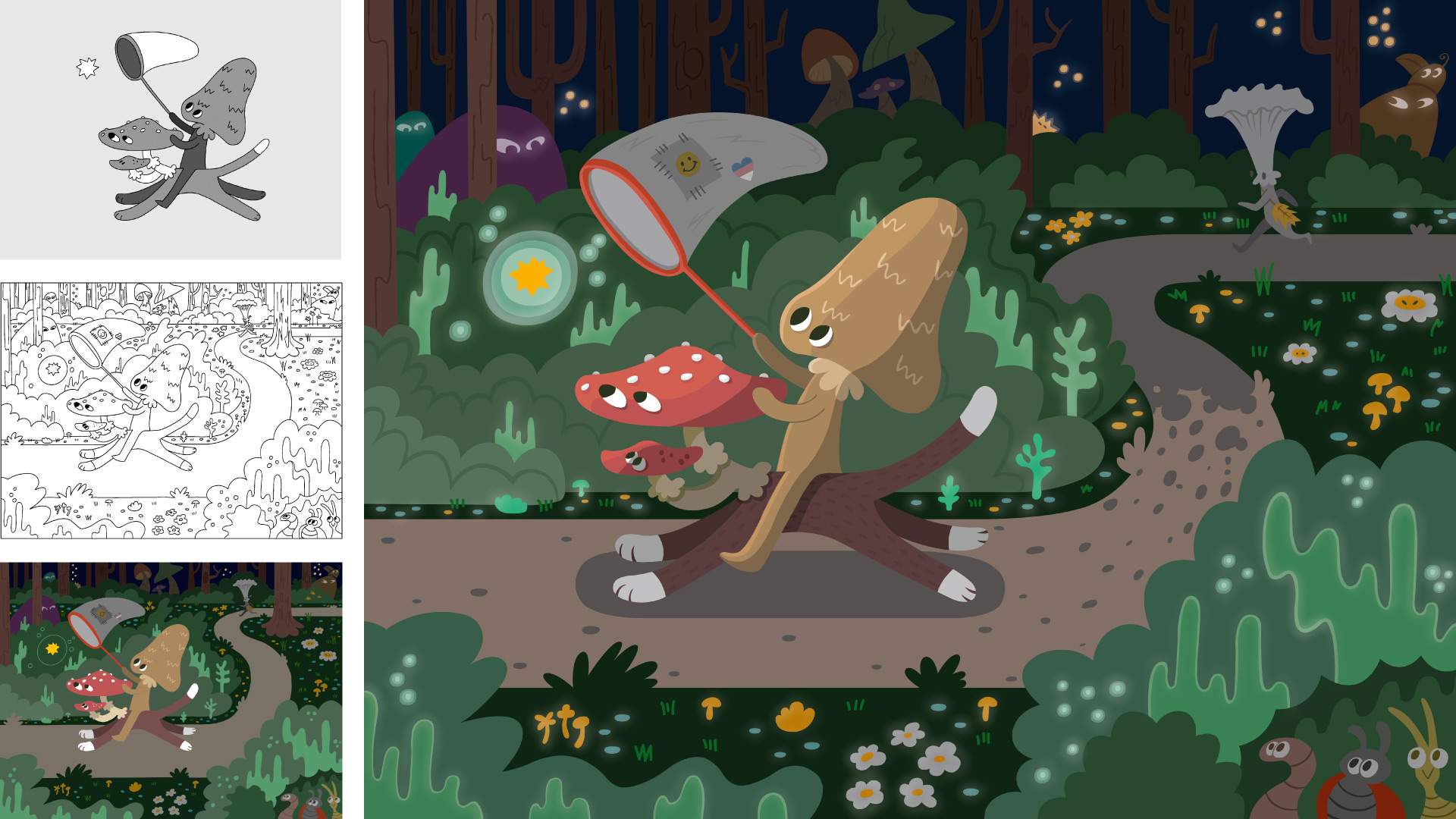 Illustration of mushroom characters in a forest and process work.