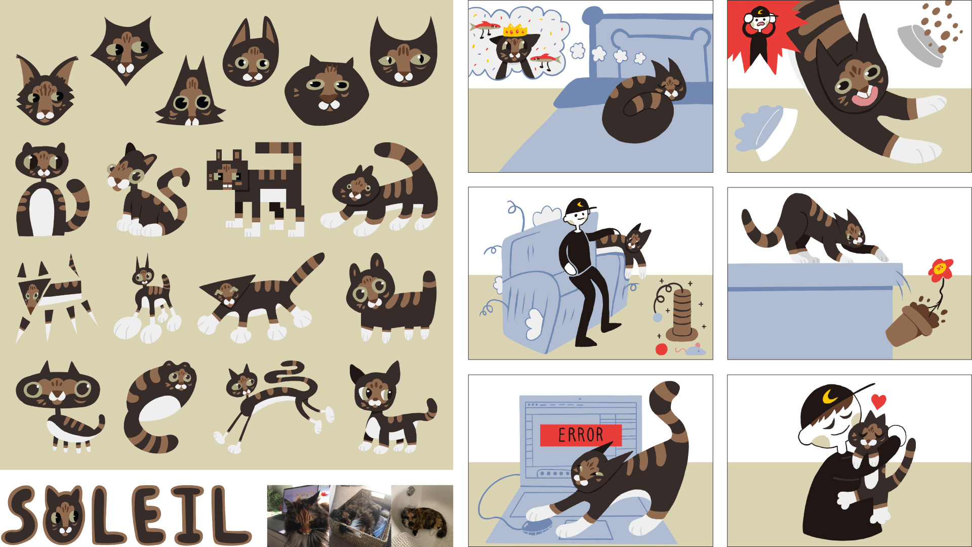 Cat comic with a collection of cat iterations and reference photos.