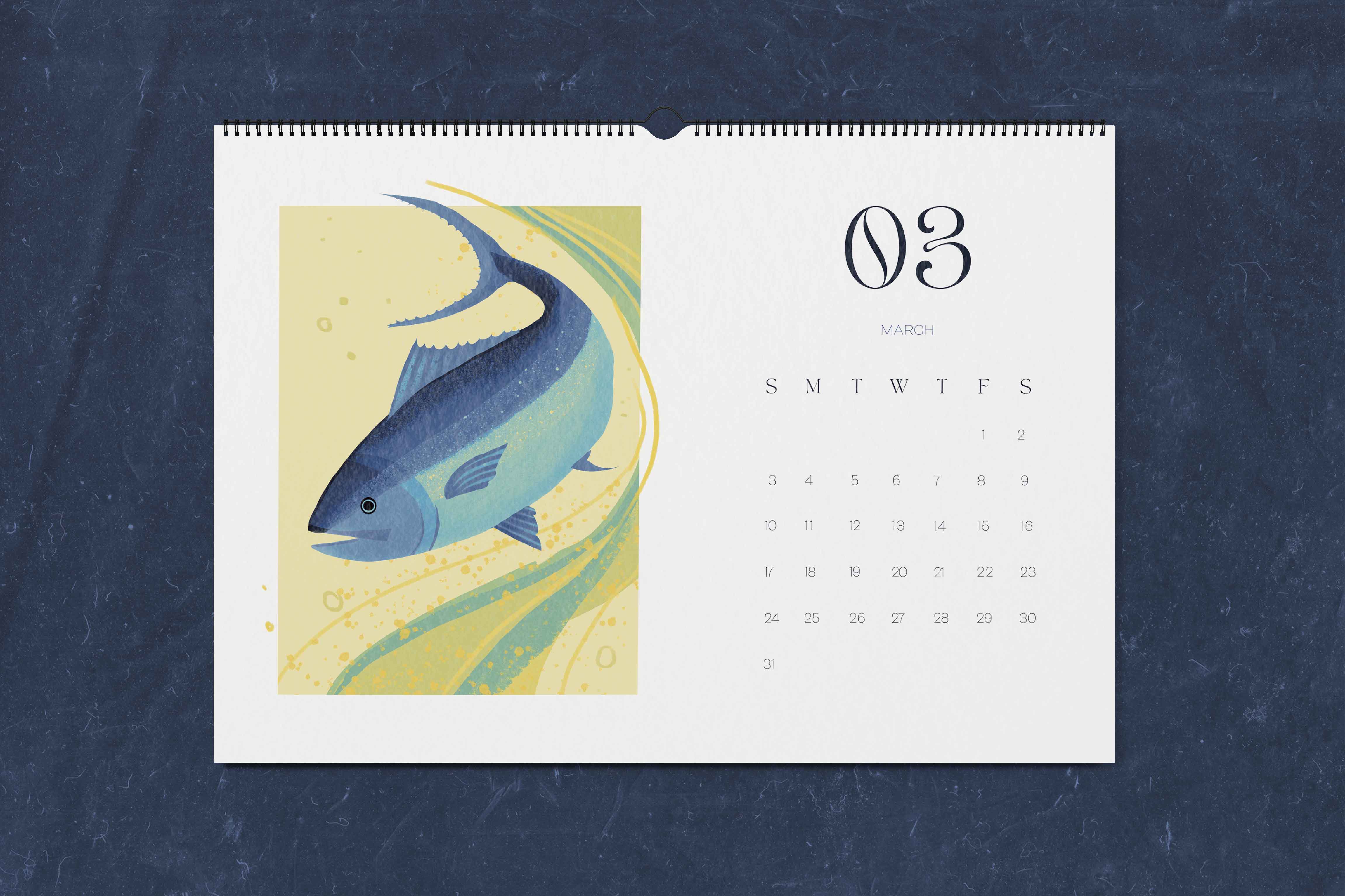 An illustrated calendar on a blue background
