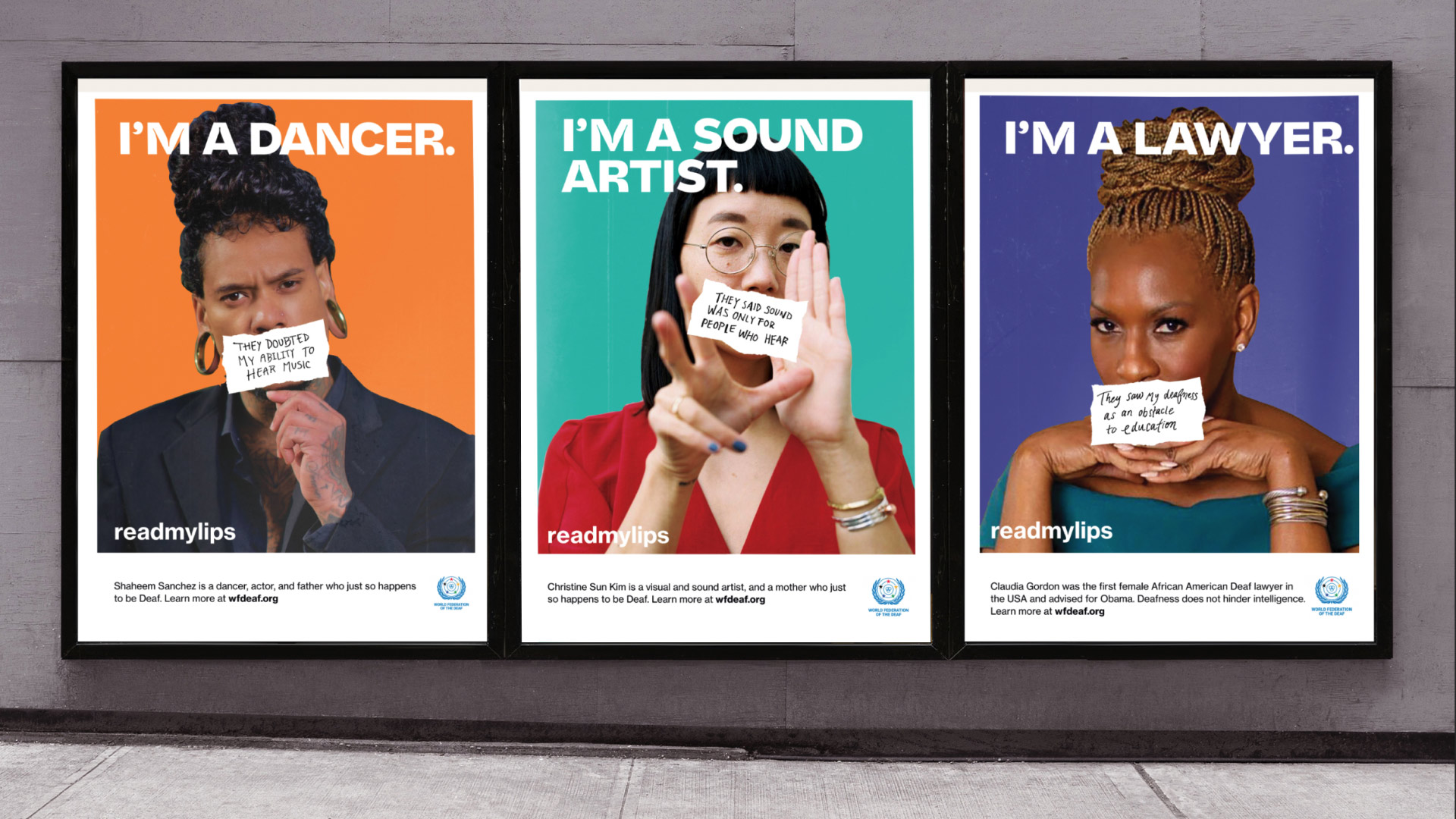 A display of 3 street ad posters with the first to the left reading “I’m a dancer,” followed by “I’m a sound artist,” and “I’m a lawyer.”