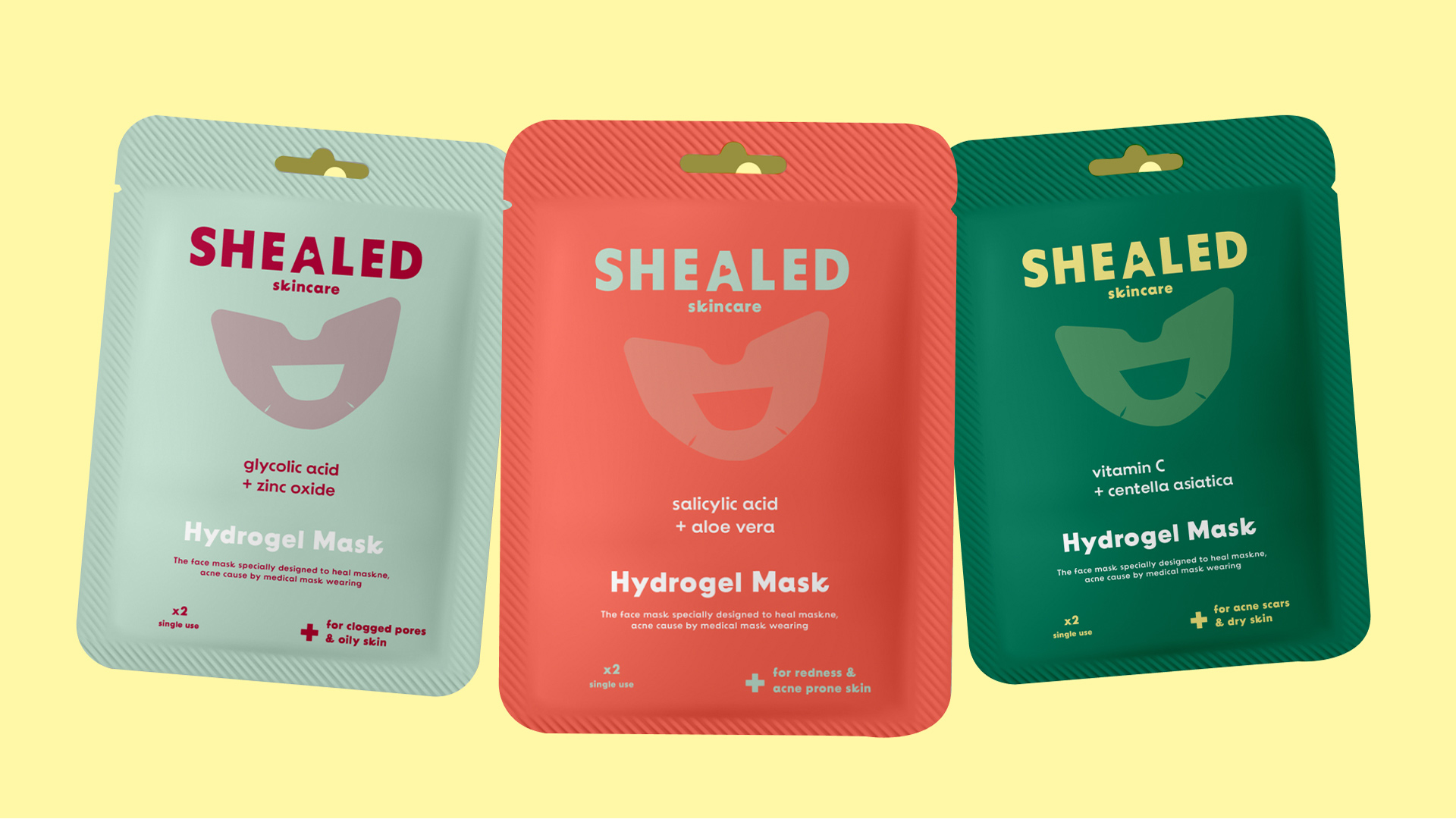 A display of 3 face mask packaging for the Shealed skincare line.