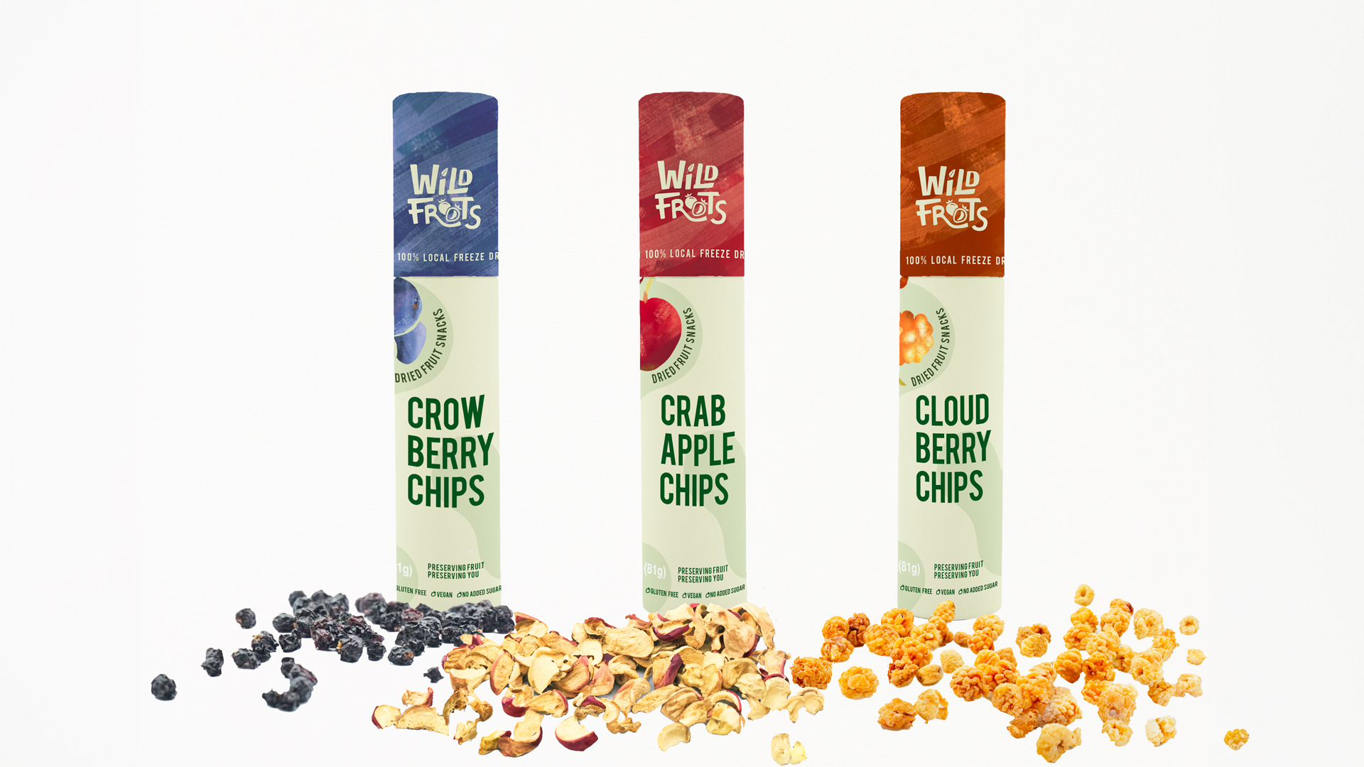 Image of 3 packages of Wildfroots products crowberry, crab apple, and cloudberry displayed in a line from left to right against a white background.