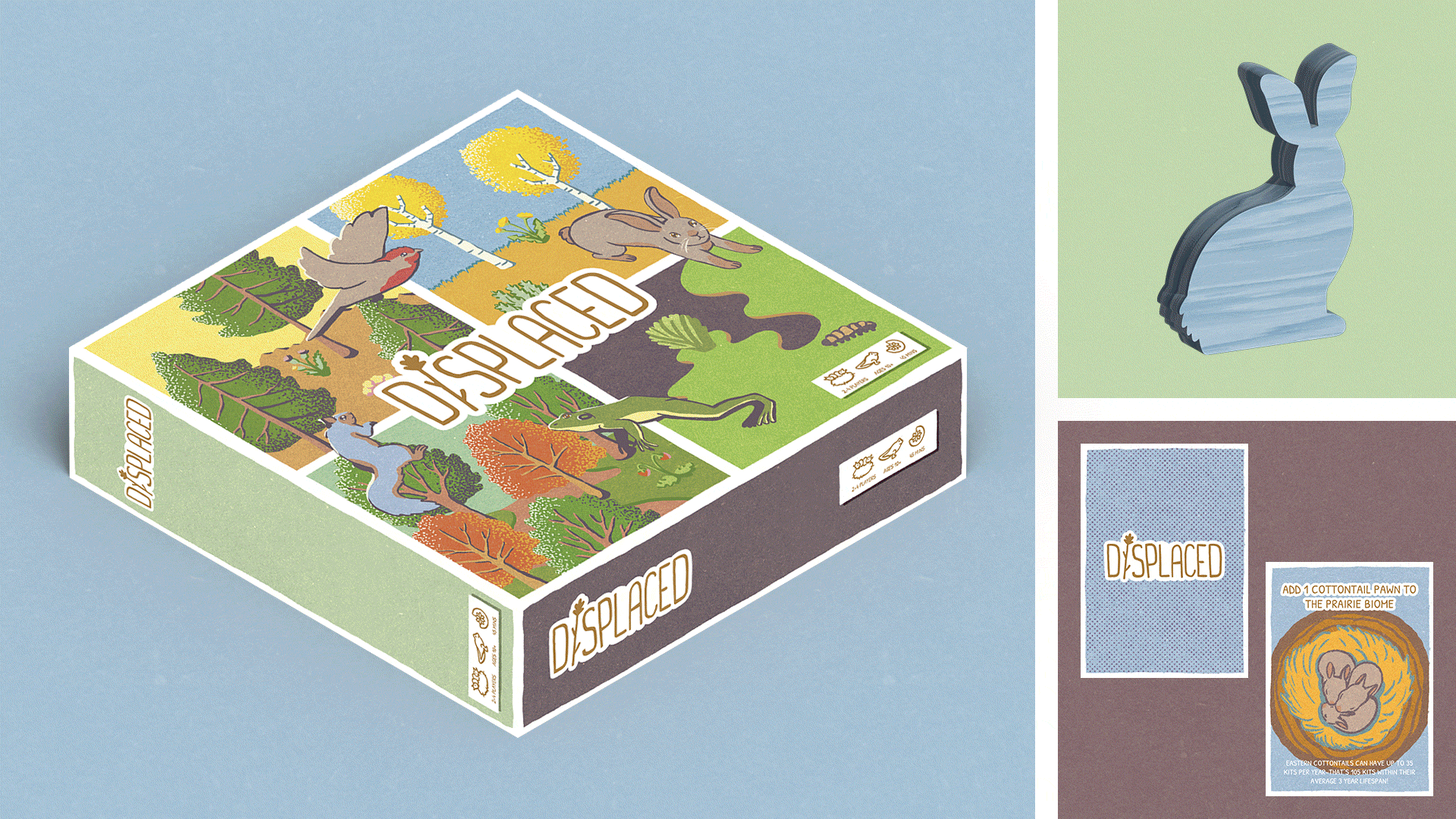 Board game box design mockup alongside cycling images of game components.