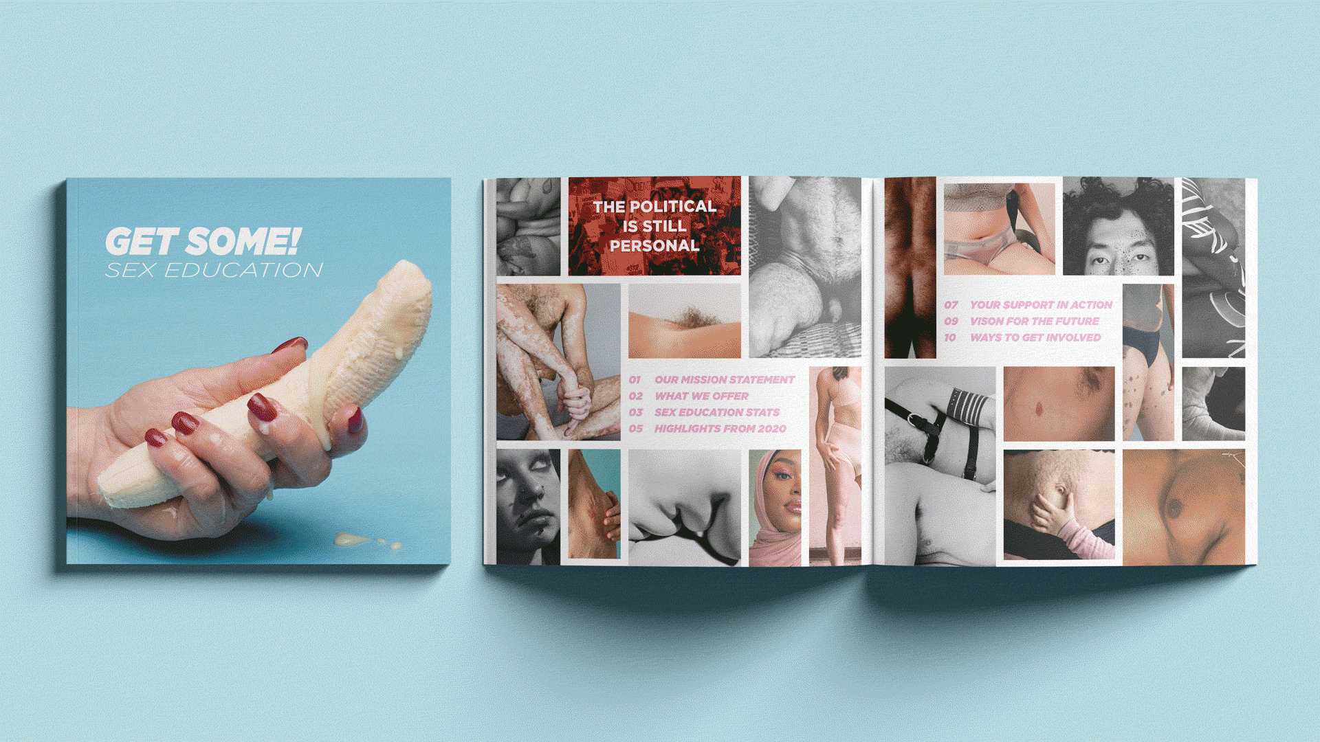 Alternating images of spreads and cover design for an annual report on sex education.