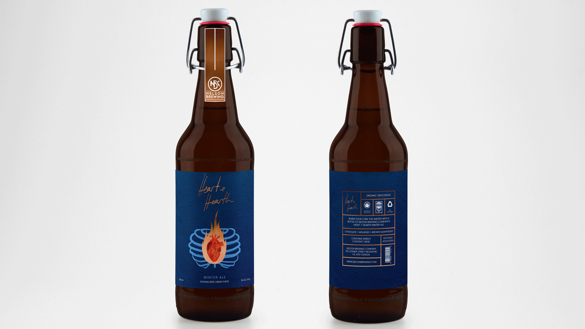 Alternating images of packaging and merch design for Nelson Brewing’s Heart & Hearth winter ale.