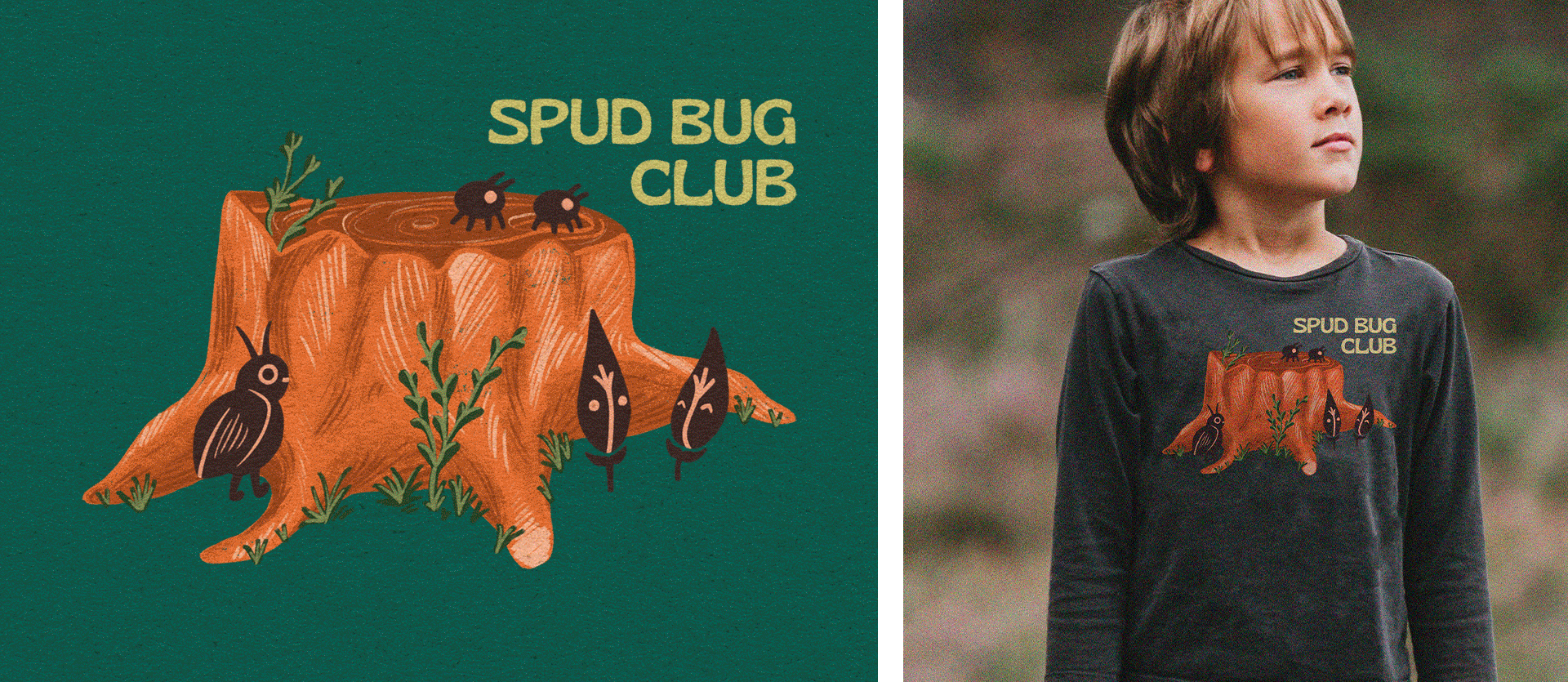 Illustration featuring a stump and bug like creatures with the words, Spud Bug Club, to the right a young boy wearing a shirt with graphic printed.