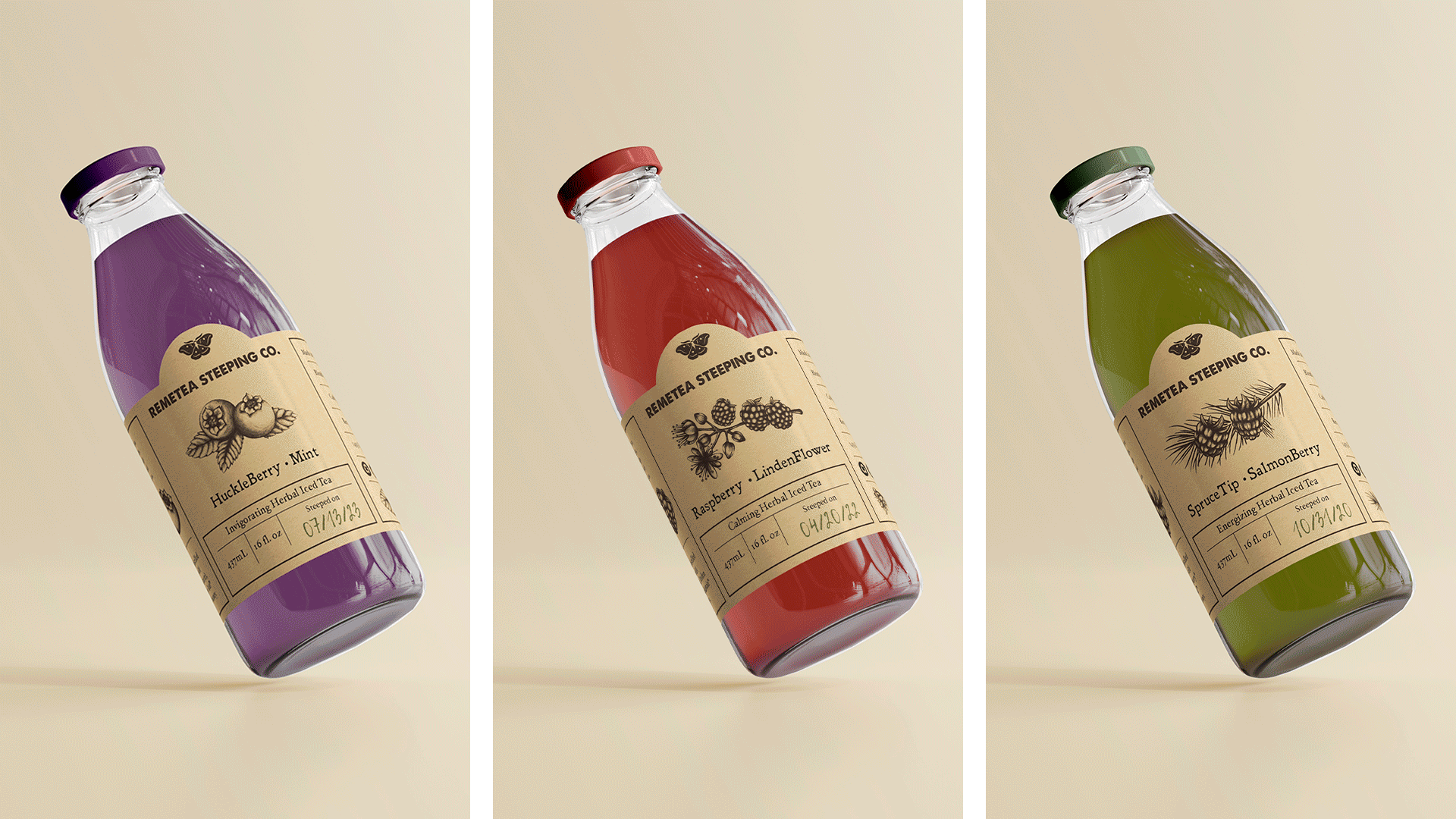 Colour bottles with folk-inspired labels containing purple, red, and green tea.