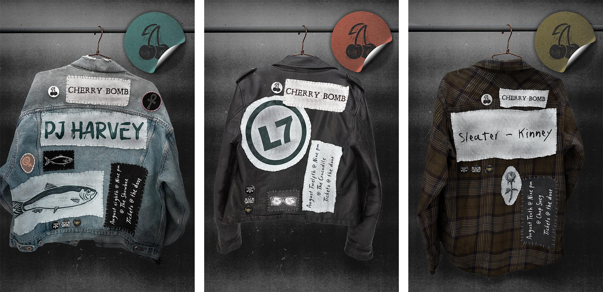Photography of three jackets featuring pins and patches against a grainy dark background.