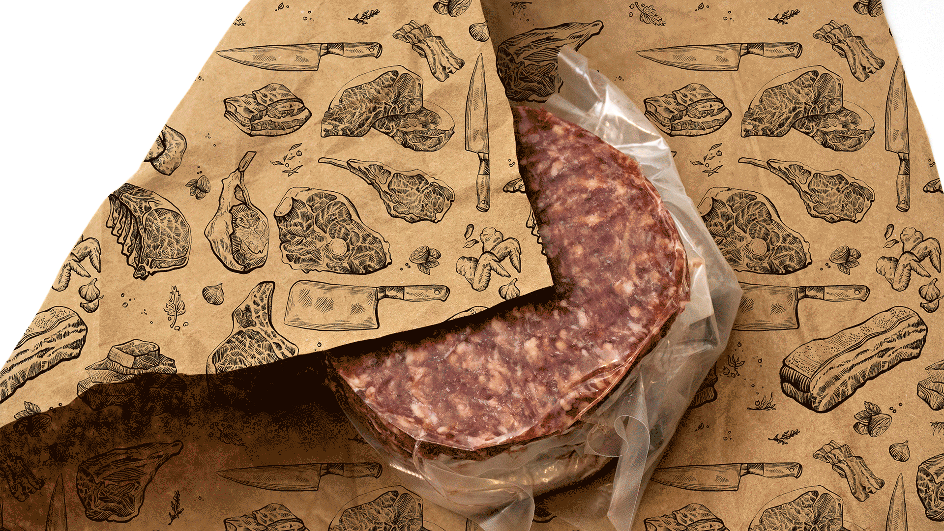 Meat packaging with line work illustration pattern printed on butcher paper.