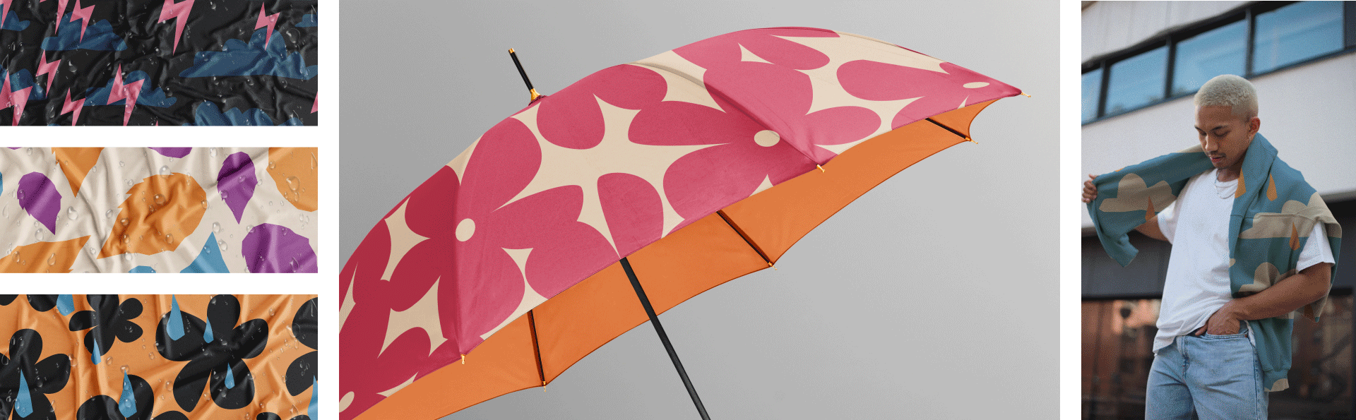 A set of 4 images and one gif, the first 3 feature 3 different abstract patterns with an overlay of water droplets, the second is a graphic flower pink umbrella with orange on the inside, and the gif that features an abstract patterned hoodie on two different men.