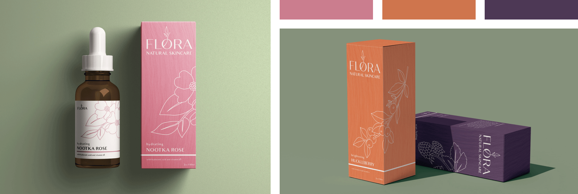 A set of 2 images and three colour strips the first being a gif of a skincare dropper bottle and the accompanying box cycling through three different colours and types, the second features two tall boxes, one laying on its side behind and the front one standing up right.