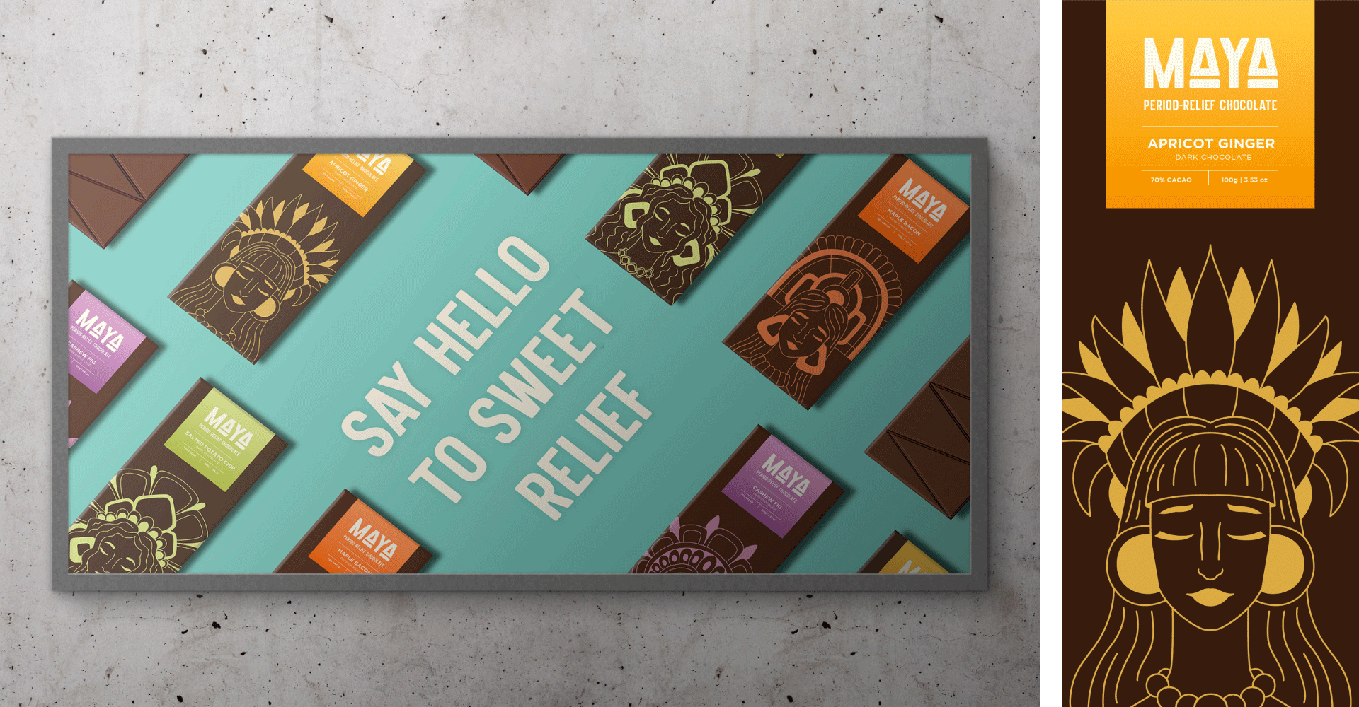 An image and a gif, the image to the left is a billboard with a blue-ish teal background with chocolate bars both wrapped and unwrapped laid in a diagonal going to the right, accompanied by type in the centre that reads, “Say Hello to Sweet Relief.” The gif to the right is a cycle of 5 different chocolate bar flavours and the front packaging of each, displaying unique goddesses to the brand and individual flavours.