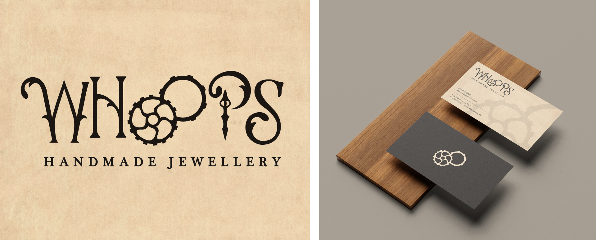 A set of 2 images, one is the logo of the brand, and one is a piece of darker wood with two business cards laid on top.