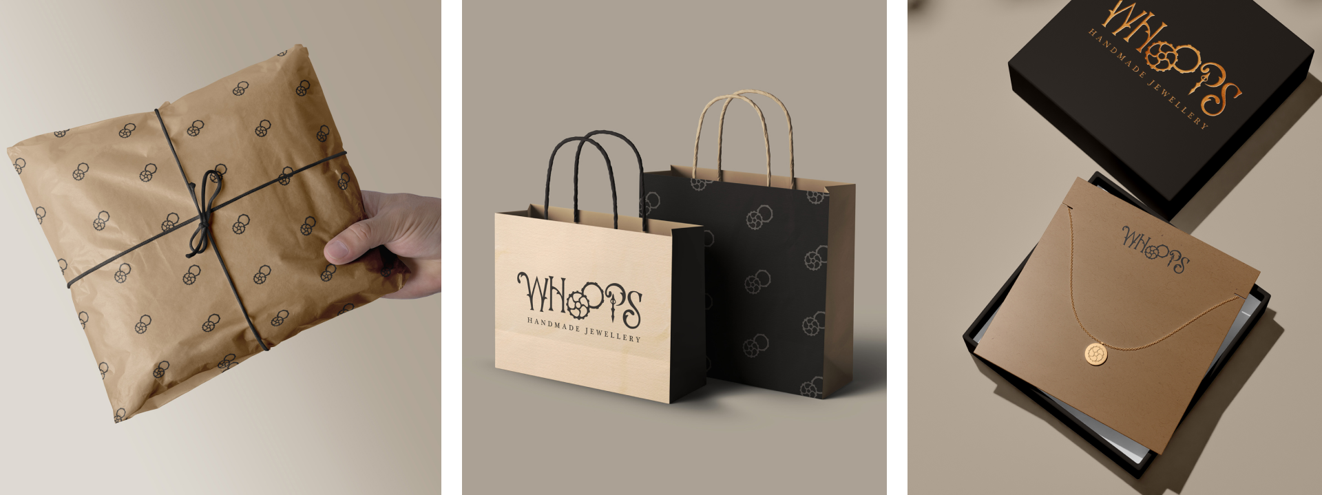 A set of 3 images, one is a hand holding a wrapped item with a spacious gear pattern all over on kraft paper with a black string tied in the middle in a bow, the second is a set of 2 kraft bags with handles branded with the WHOOPS logo and secondary pattern, the third is an open jewellery gift box with a gold necklace displayed on the card.