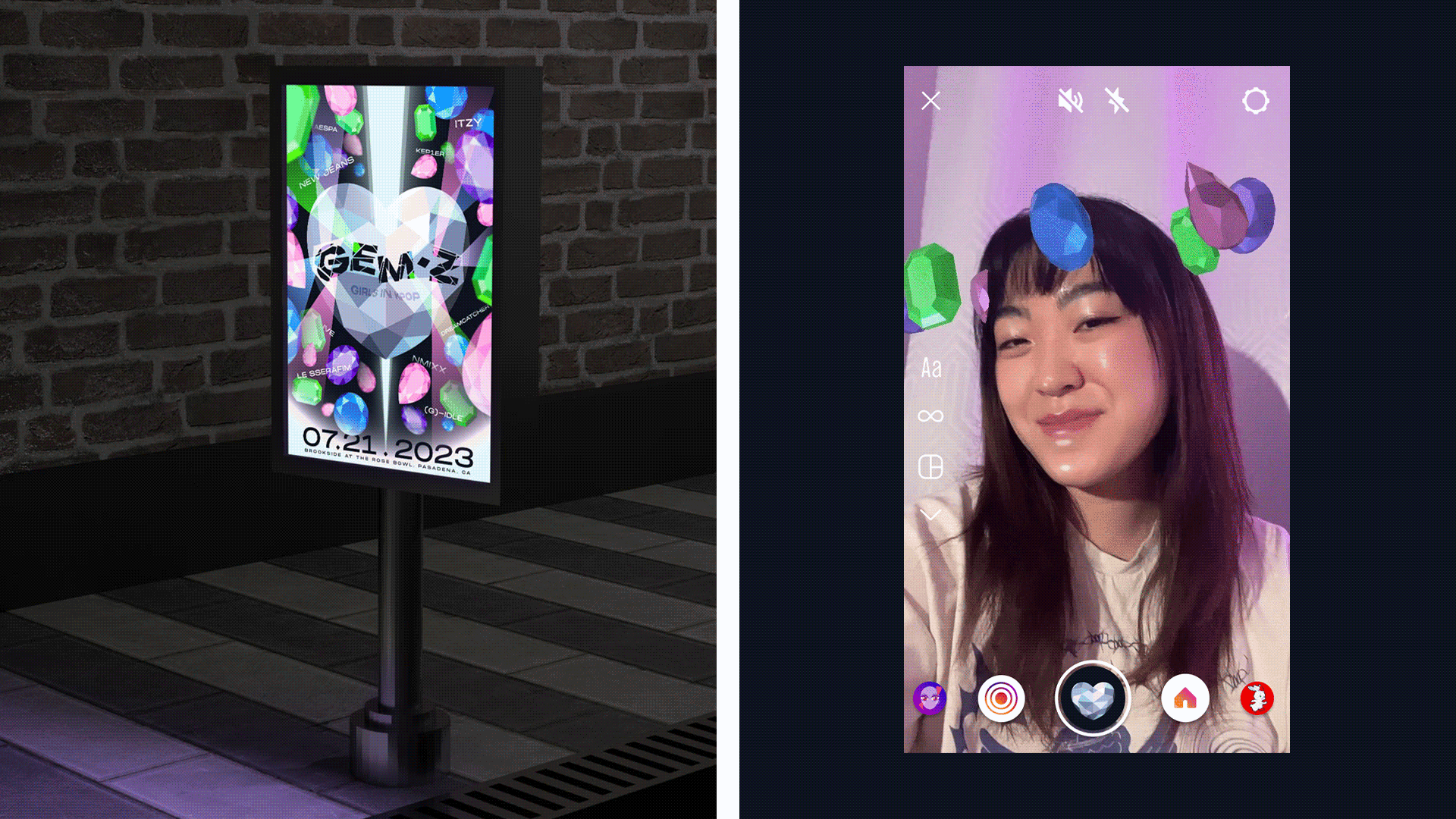 Two separate gifs. Left gif includes branding collateral such as the hero poster, wristbands, and website landing page. Right gif includes a demo of an AR face filter of floating gemstones circling around the person’s head.