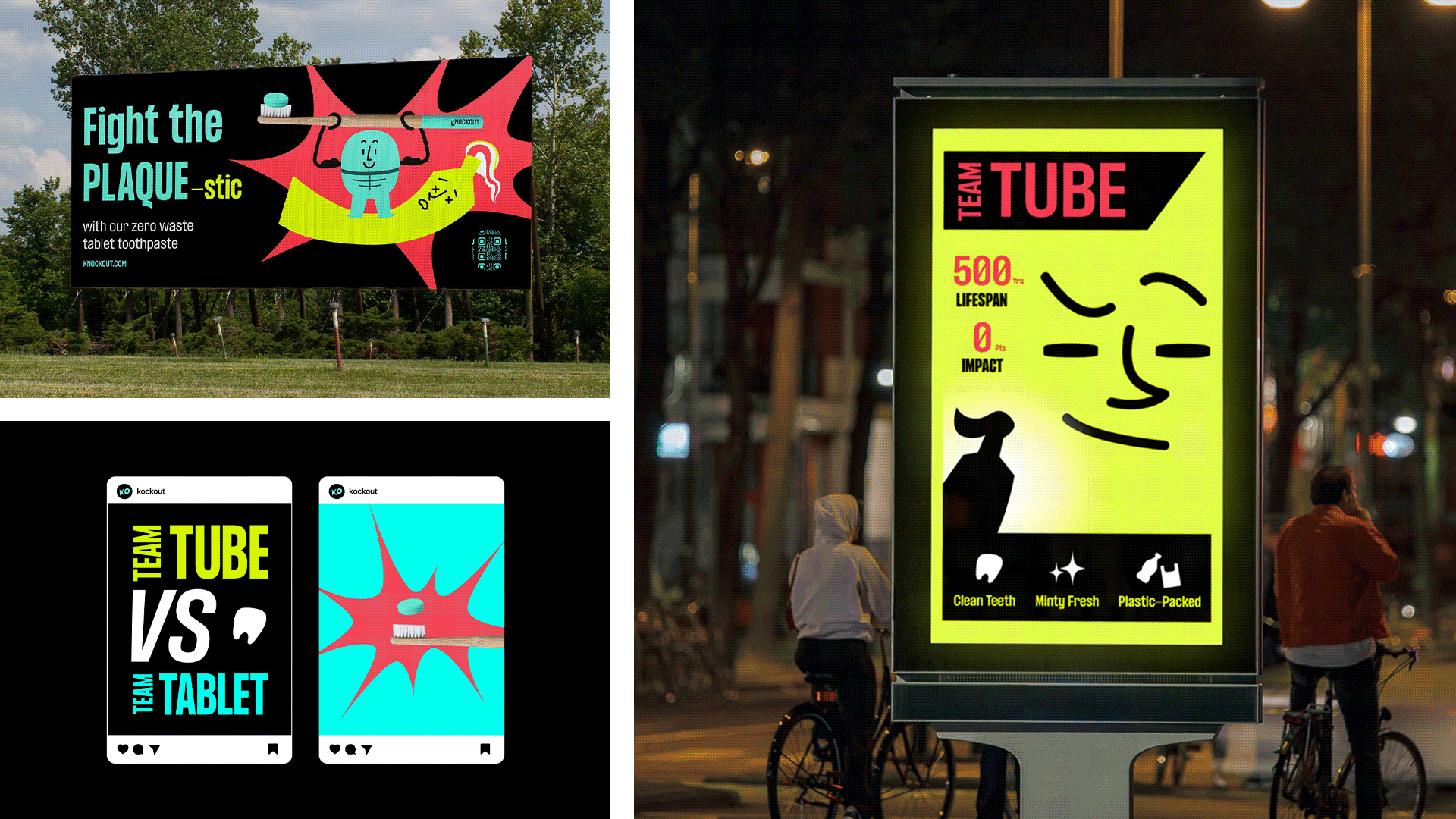Three separate images. Top left image includes a printed billboard in a grassy field, reading “Fight the PLAQUE-stic.” Bottom left image includes two static images of Instagram posts. The left Instagram post reads “Team Tube verses Team Tablet.” The right Instagram post is a photo of a floating tablet toothpaste and toothbrush. Right image includes an animating gif of a digital poster.