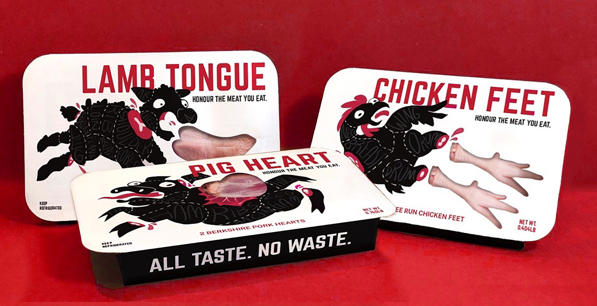 Three packaging sleeves for lamb tongue, pig heart and chicken feet.