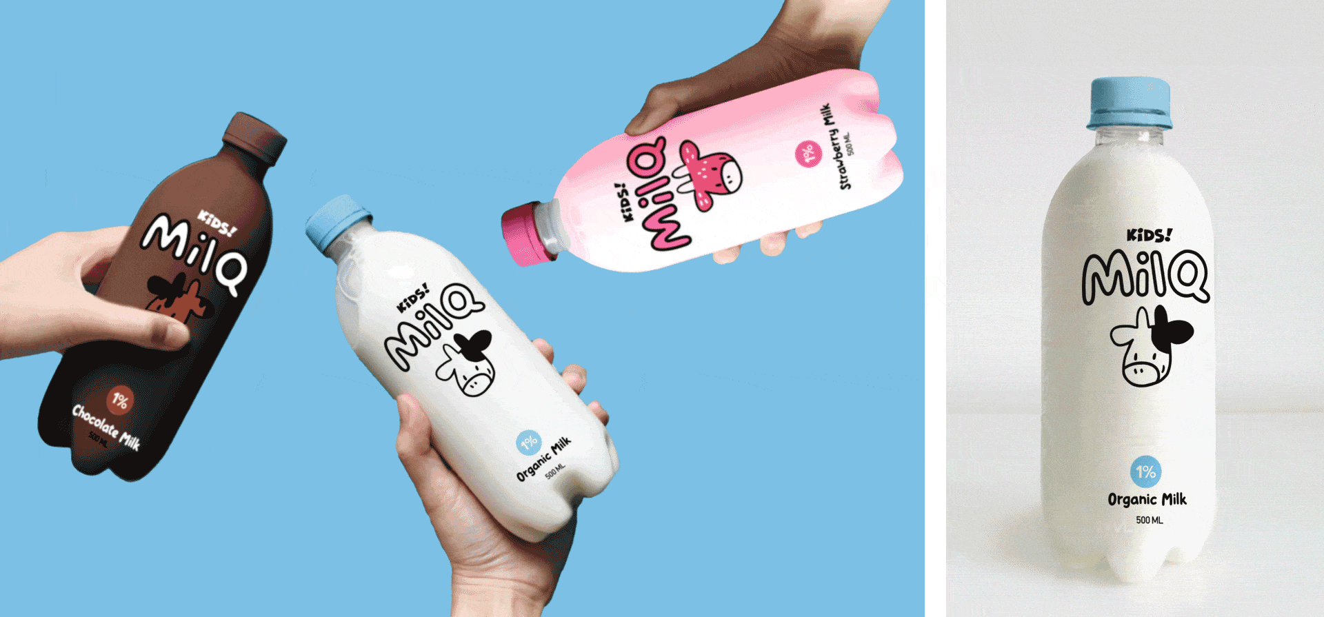Three milk bottles of chocolate, original and strawberry flavour, and a GIF of the bottle being emptied.