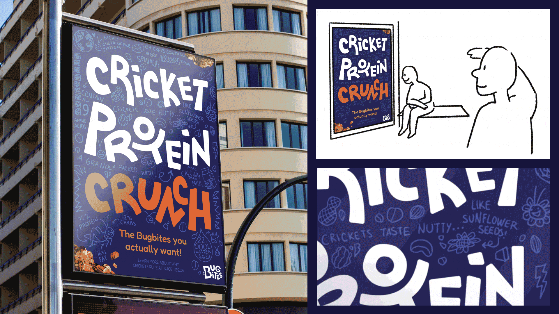 Collage of the brand’s logo, floor sticker ad, and poster mockup.