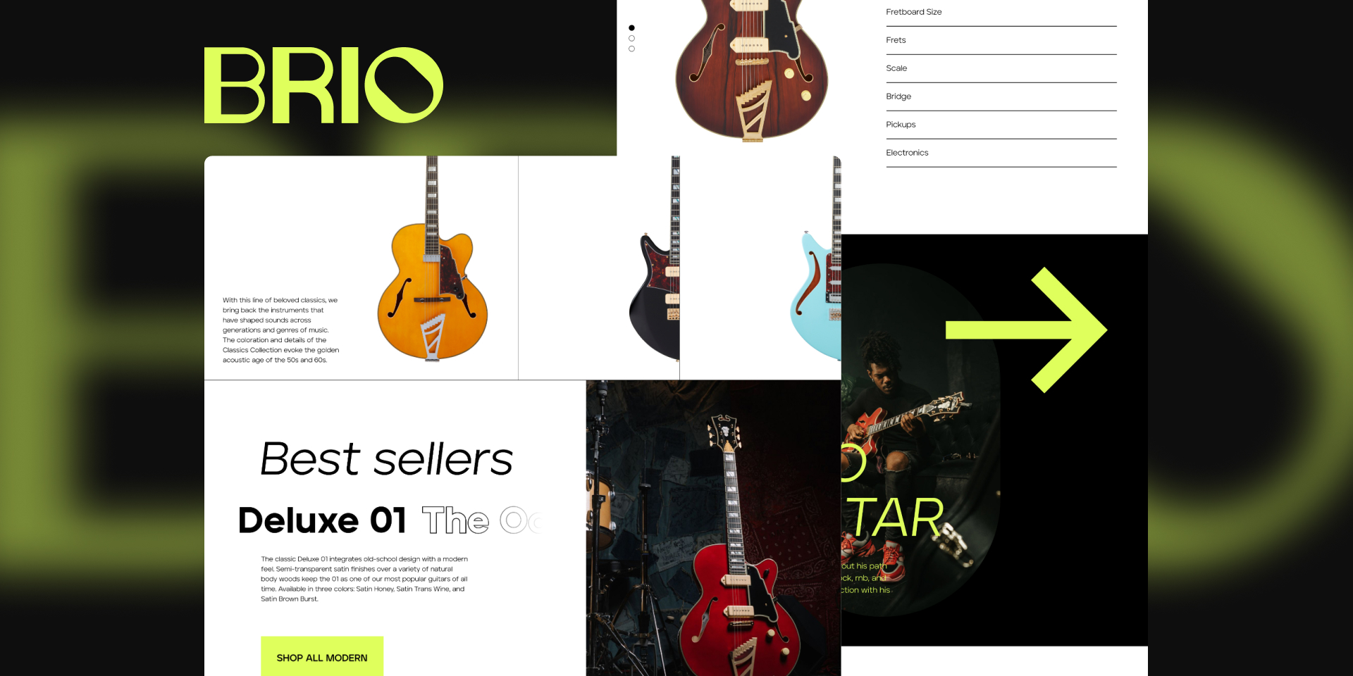 Website screens of an electric guitar e-commerce brand with logo at the top.