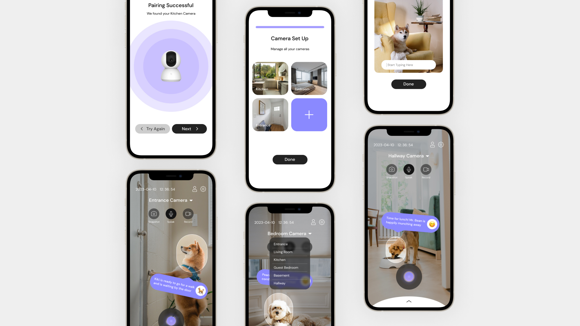 6 iPhone screens of a dog surveillance app.