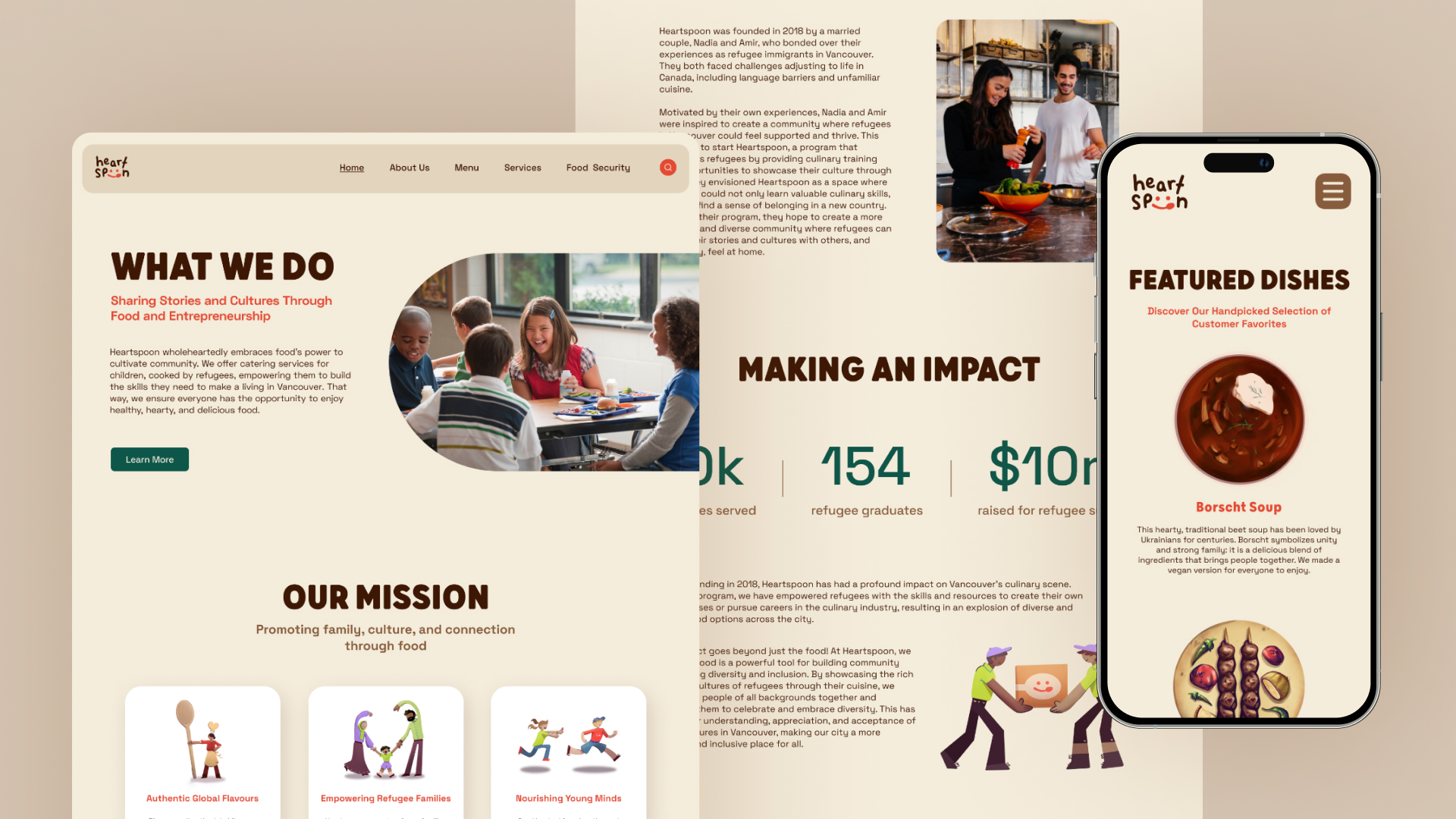 2 website landing pages and an iPhone screen of a refugee catering program.