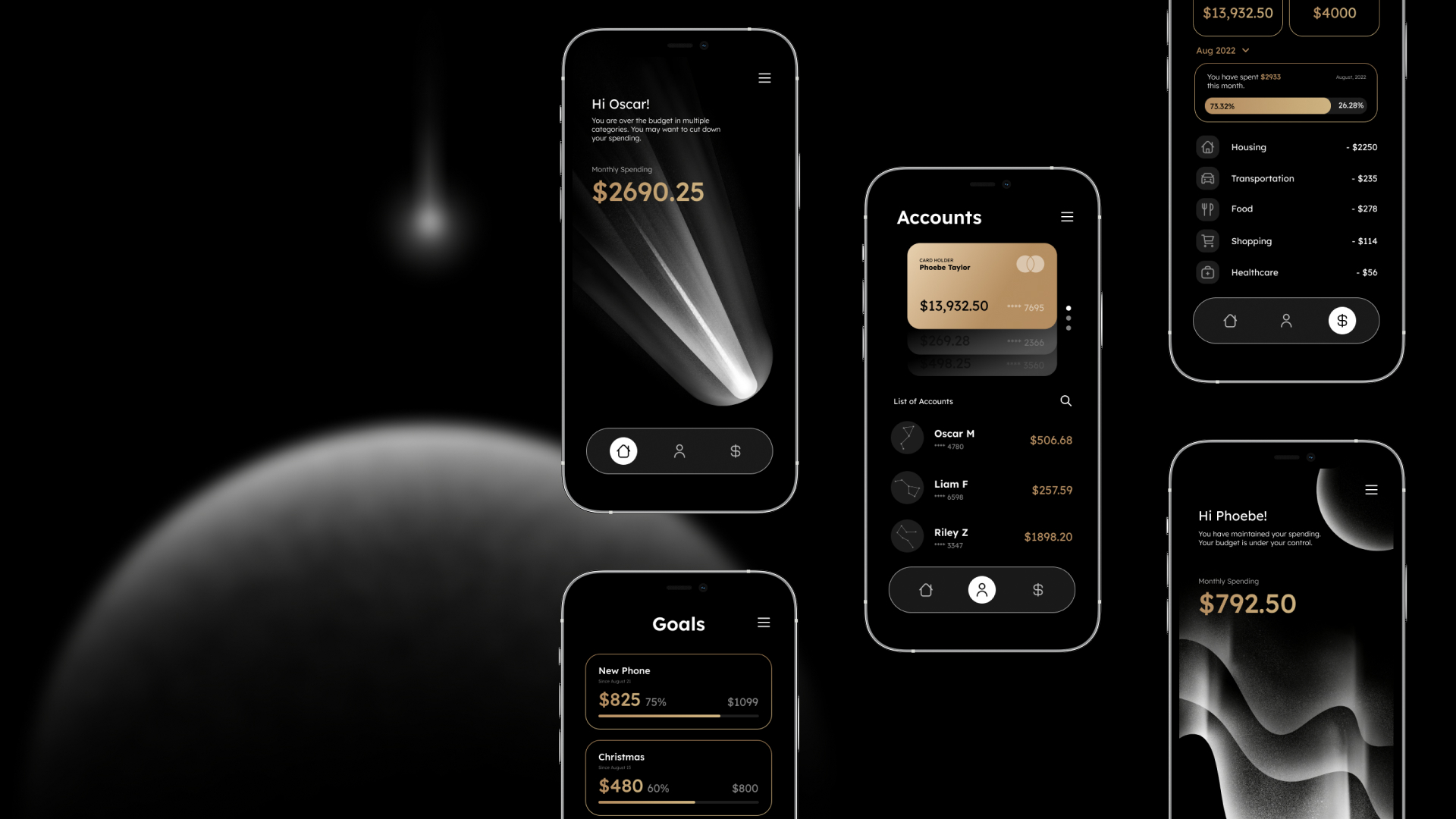 iPhone screens of a fintech app with a meteor illustration as the background.