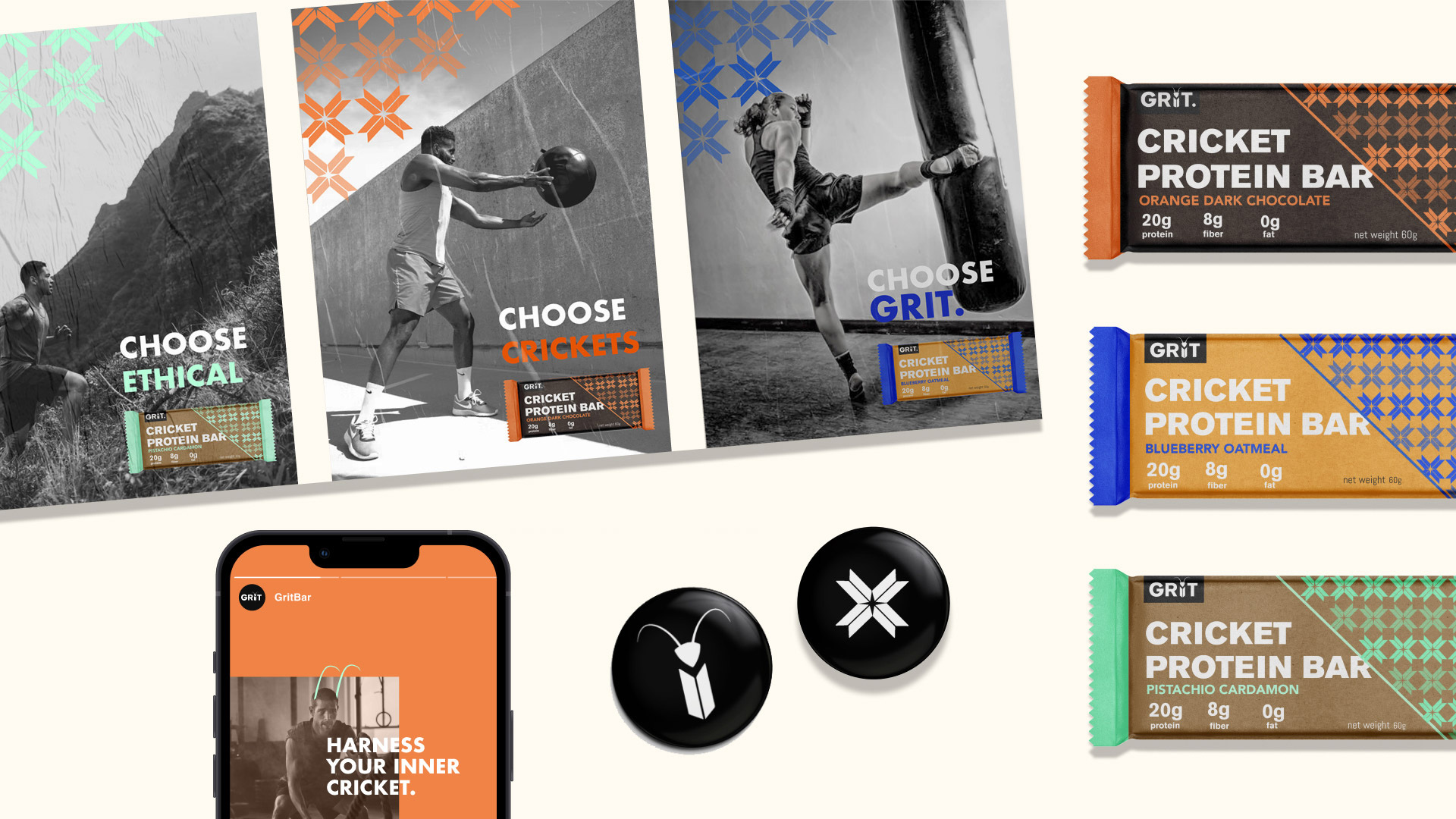 Branding collateral for Grit cricket protein, which includes buttons, kraft paper packaging, and advertisement in a tri-posters series and an Instagram story.