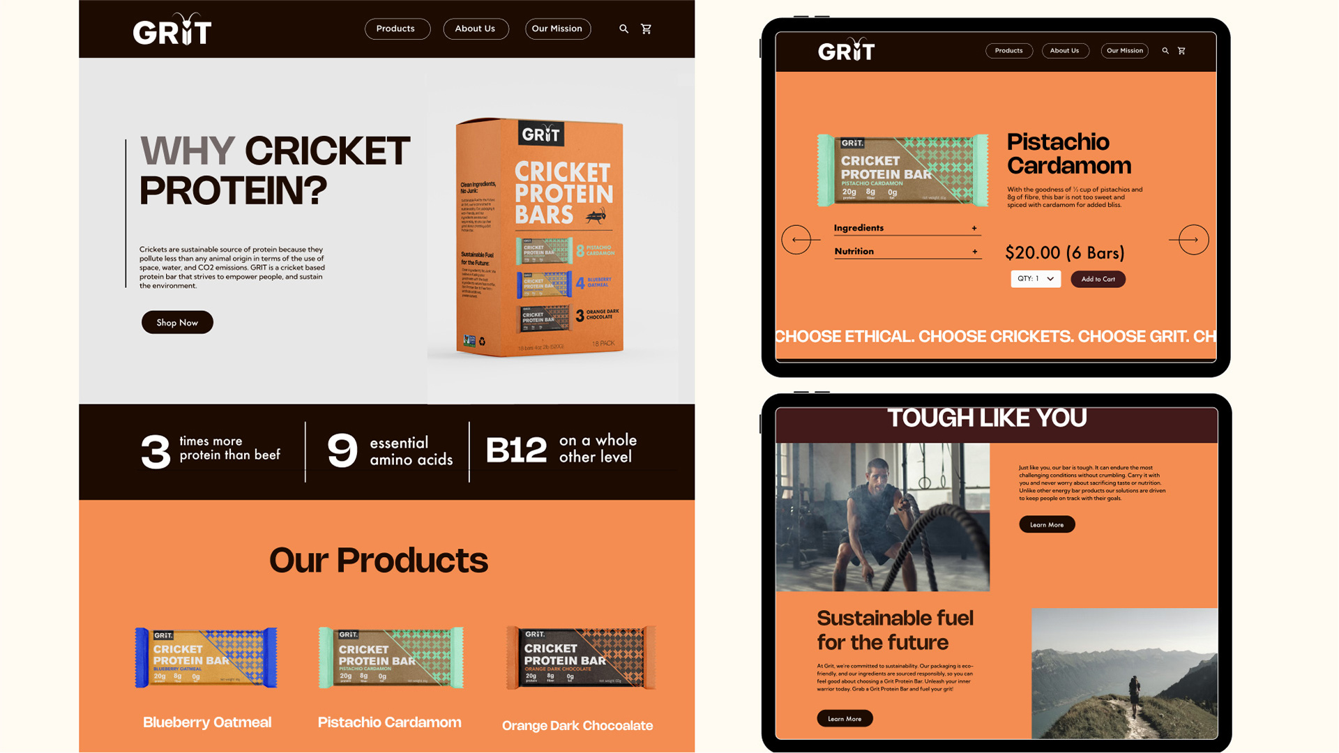 3 web screens for Grit cricket protein which include a product page and landing page.