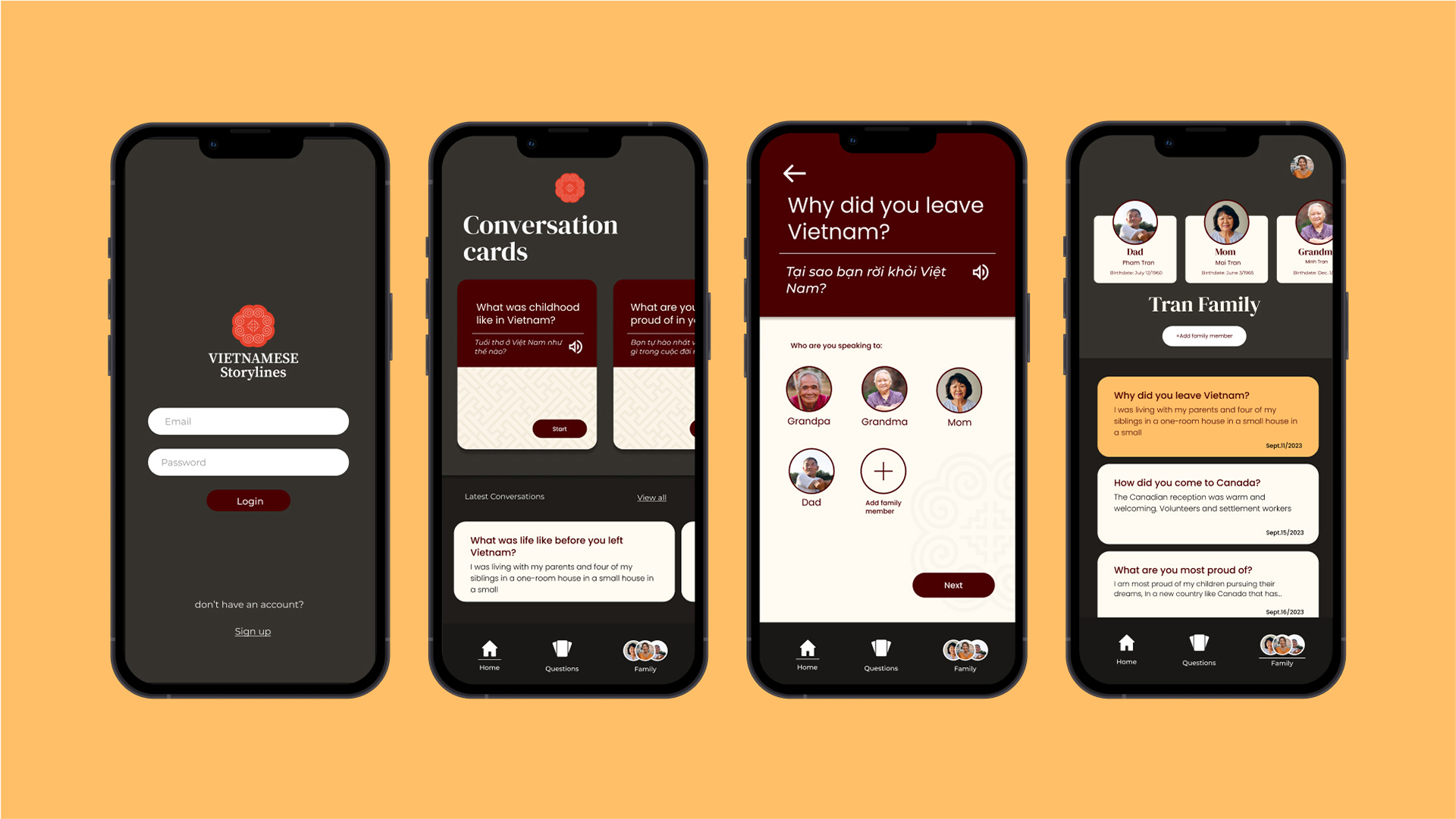 4 iPhone screens for Vietnamese Storylines app that include a login page, homepage, and a profile page.