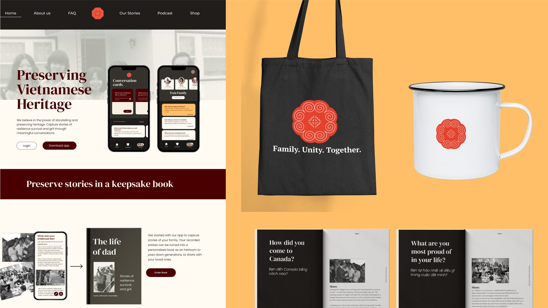 Website page for Vietnamese Storylines, along with some book spreads, a black tote bag, and an enamel mug printed with the Hmong elephant foot symbol.