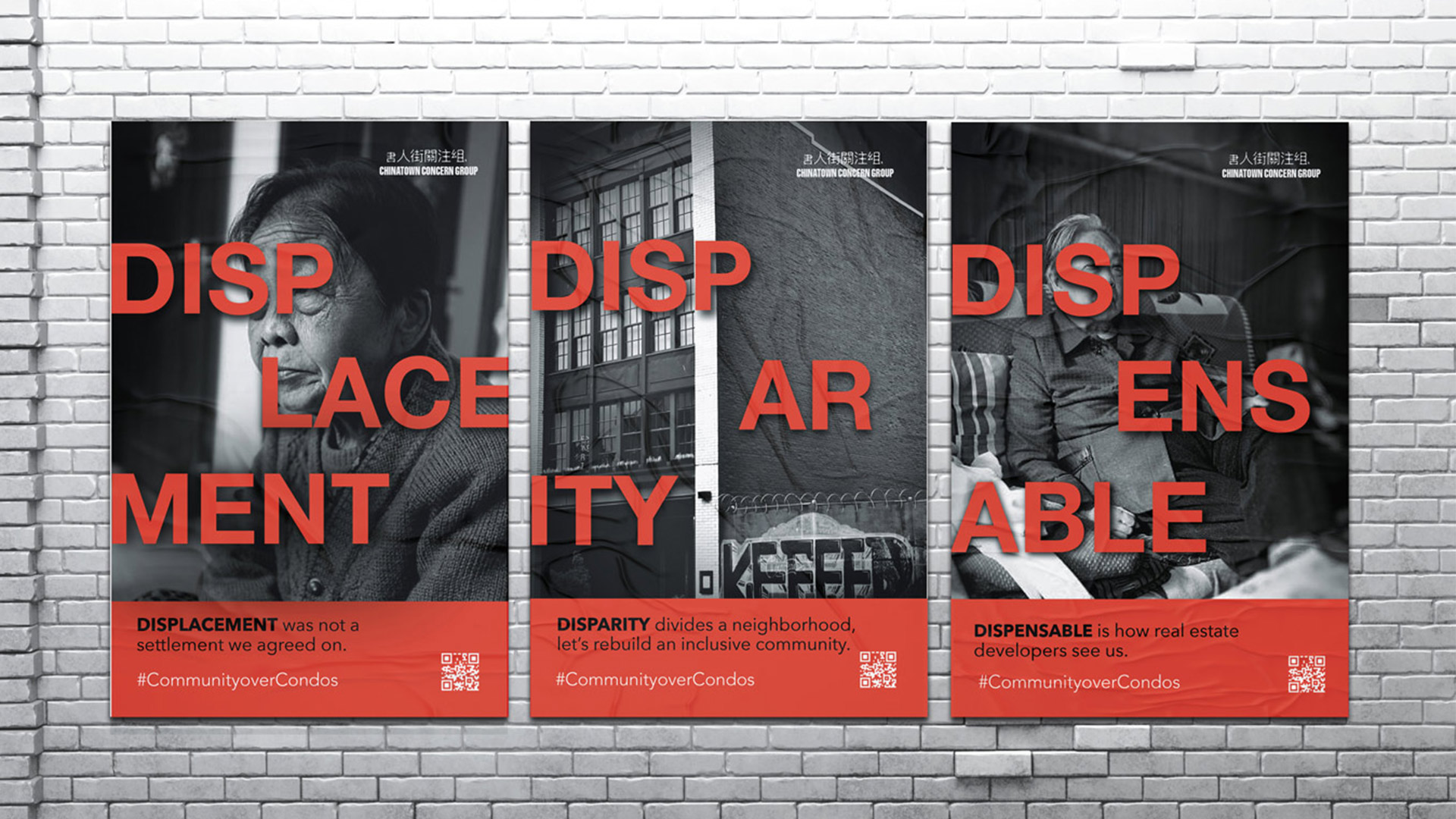 A three-poster series using black and white photography, covered in bold red/pink text.