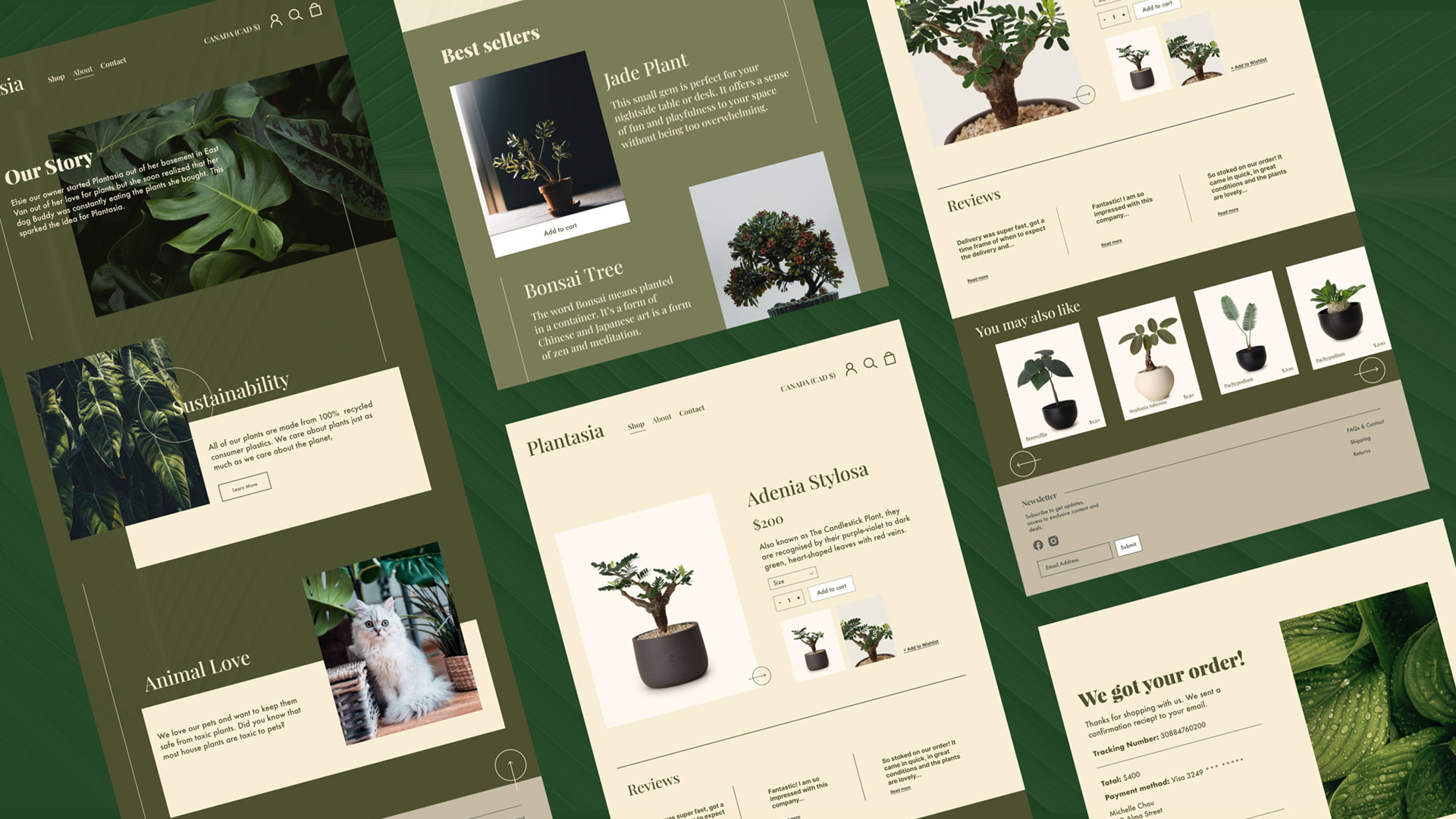 3 product screens for Plantasia: e-commerce website, on a green colored background.