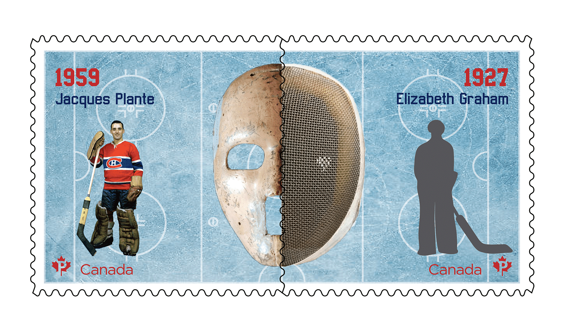 Canada Post stamps showing the inventor and first user of the hockey goalie mask.
