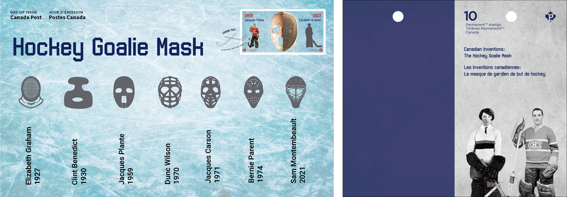 An image of Official First Day Cover (left) and a booklet (right) in gif of Canada Post stamps celebrating the hockey goalie mask.