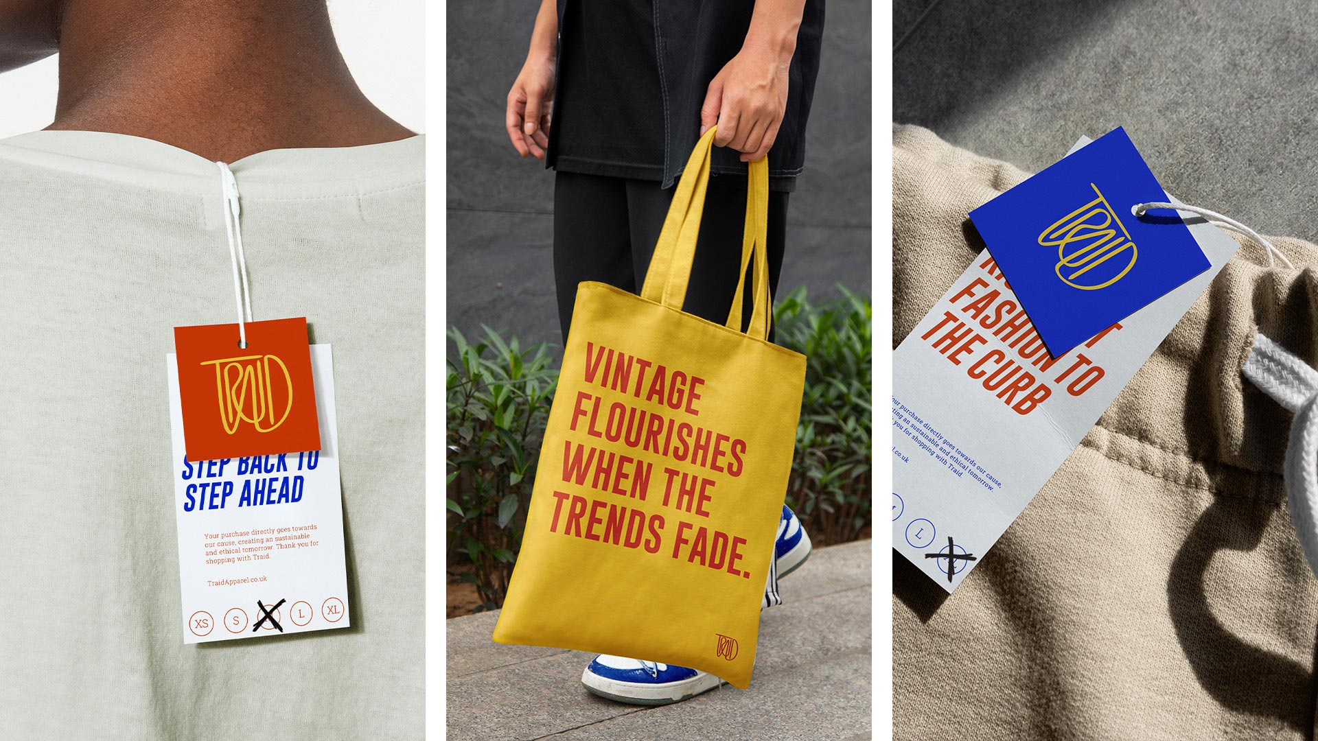 The brand identity used on the clothing hang tags and tote bags