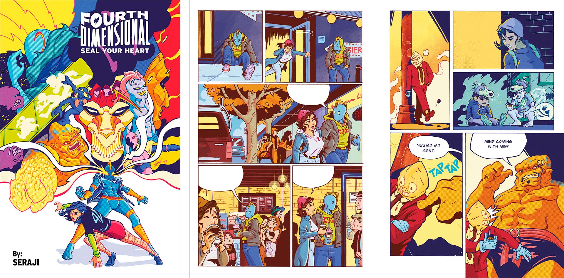 Three comic pages. A cover that features the logo, main characters, and a range of the supporting cast. The other two pages show the protagonists at the start of the story and then at the start of an encounter with an antagonist.