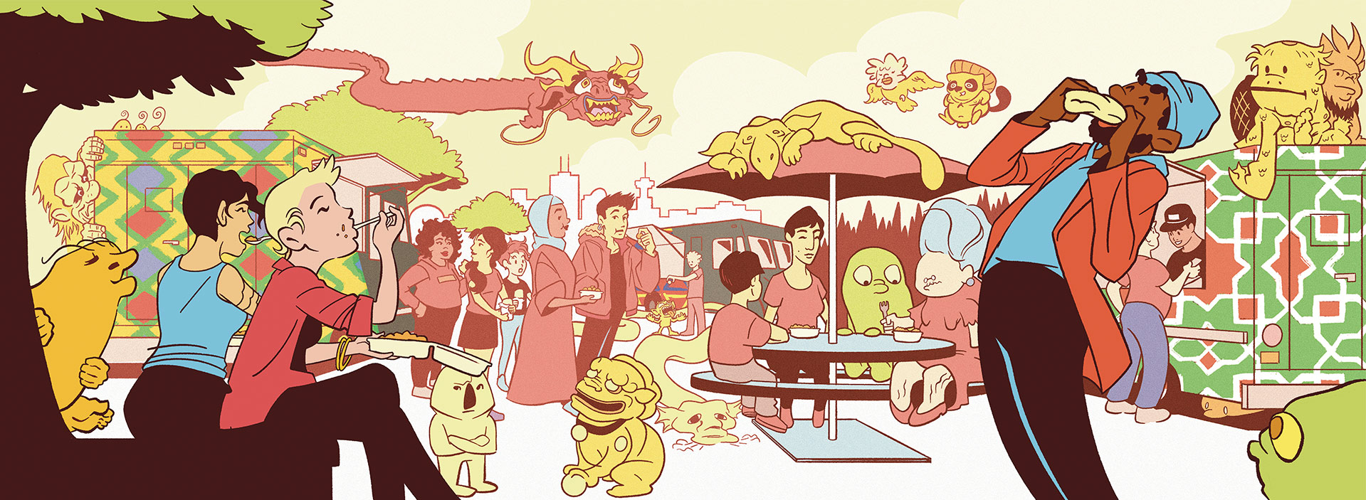 An illustrative mural featuring a diverse cast of Vancouverites enjoying food from The Potluck Truck, a food truck brand curated by refugees. Amongst them are mythological creatures from various cultures.