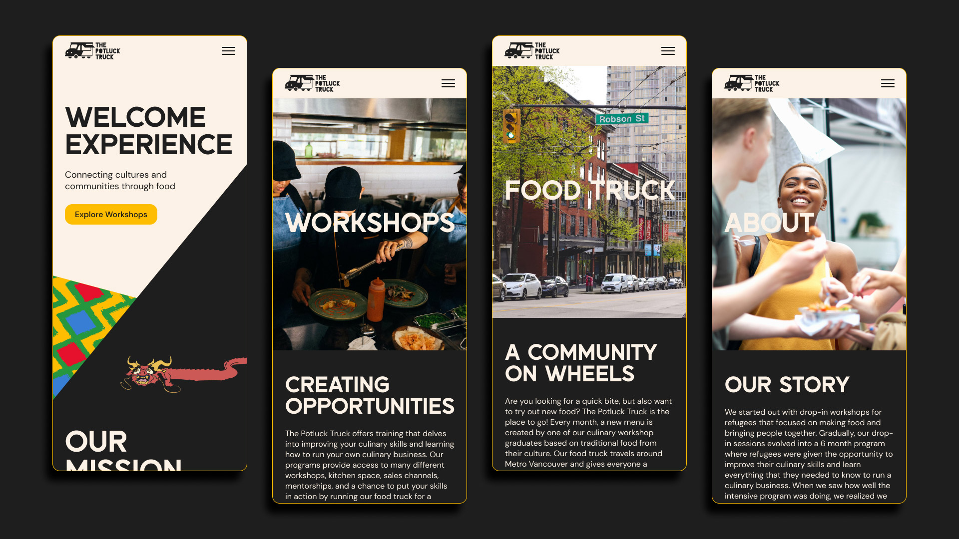 A display of four mobile screens showing the beginning section of The Potluck Truck website’s different pages.