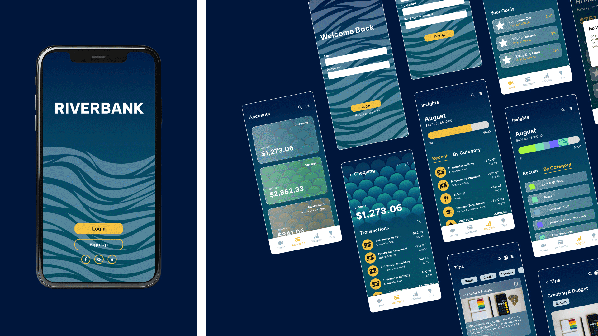 A gif of moving waves on the Riverbank app launch screen on the left and static images of various internal screens of Riverbank on the right.