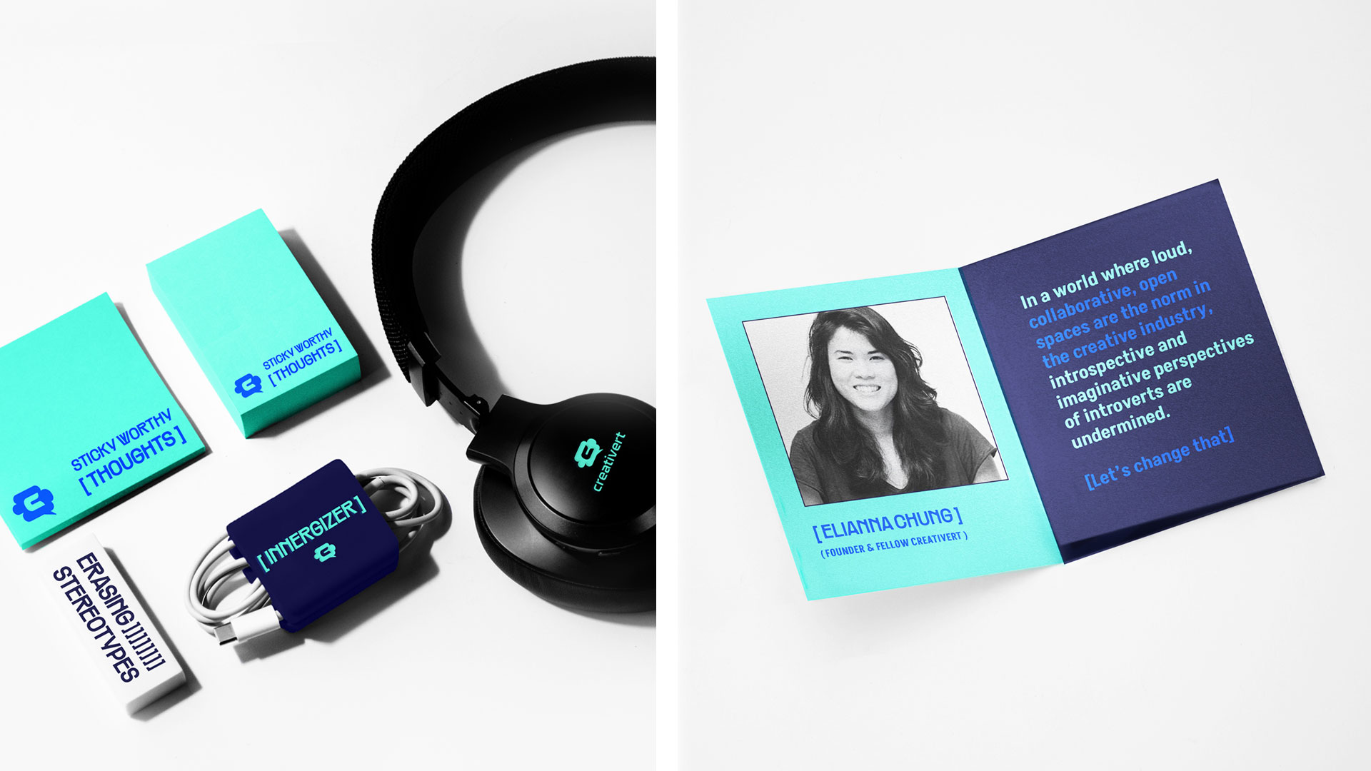 A branded kit consisting of headphones, sticky notes, erasers, chargers, and a guidebook designed to build understanding between introverts and their creative teammates.