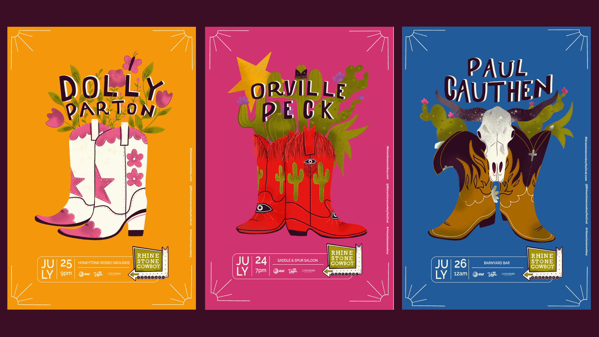 Three music festival posters showcasing the cowboy boots of three artists, Dolly Parton, Orville Peck & Paul Cauthen.