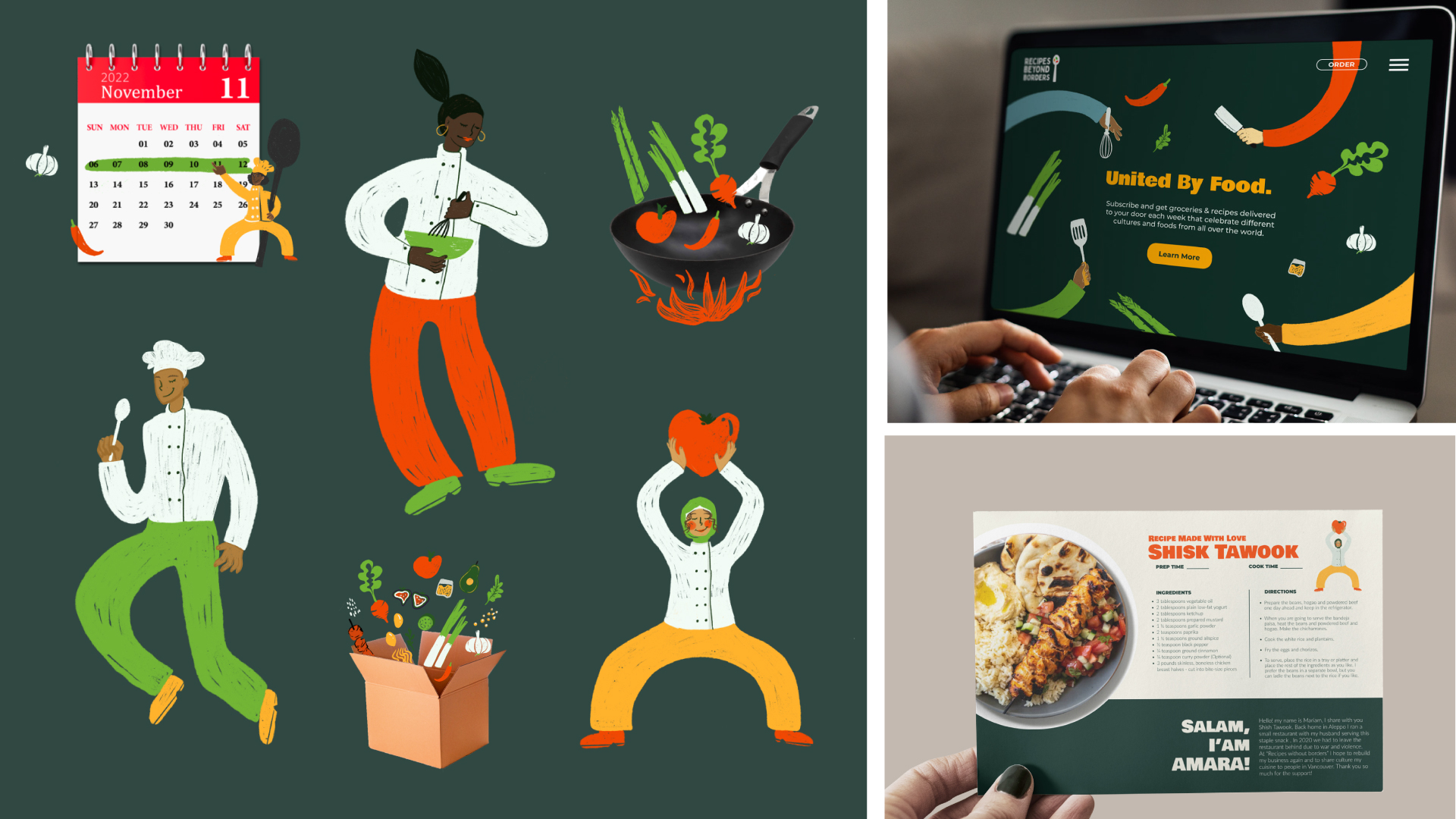 Green background with six illustrations of different chefs and cooking items. On the other side is a website landing page and a recipe card.