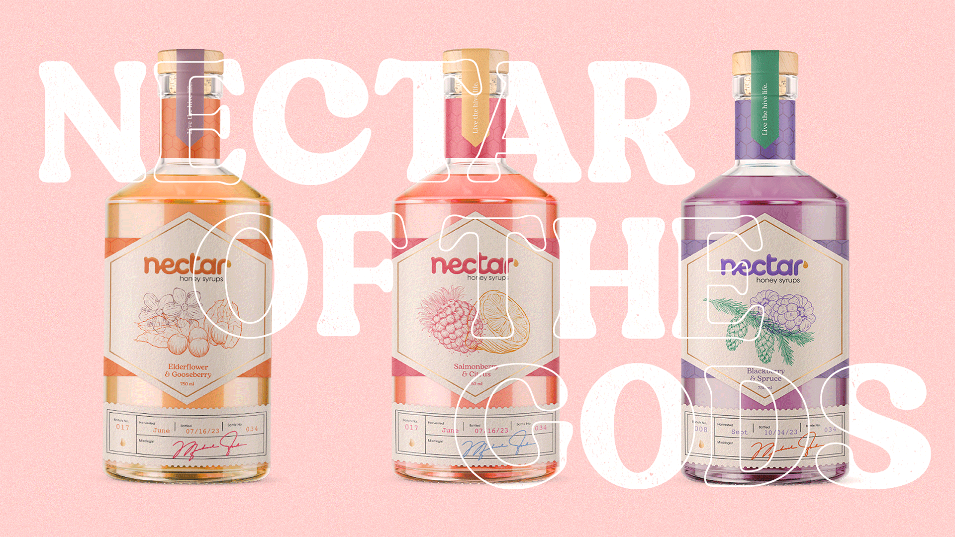 Three high-end glass bottles with cork stoppers sit on a light pink background. One bottle is filled with orange syrup, one pink syrup and one purple syrup. The words 'nectar of the gods' weaves through the background behind the bottles in white. Each bottle has a label with a line drawing on it of different syrup flavour.